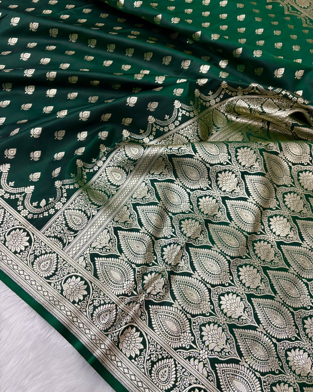 Botel Green Satin Silk Banarasi Saree Silver Motif