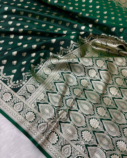 Botel Green Satin Silk Banarasi Saree Silver Motif