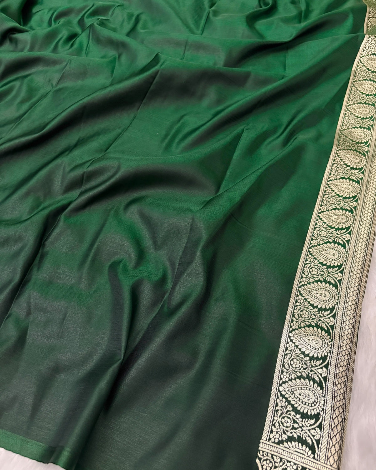 Botel Green Satin Silk Banarasi Saree Silver Motif