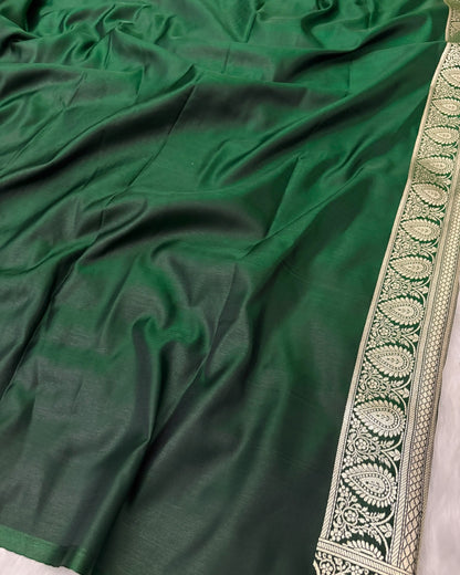 Botel Green Satin Silk Banarasi Saree Silver Motif