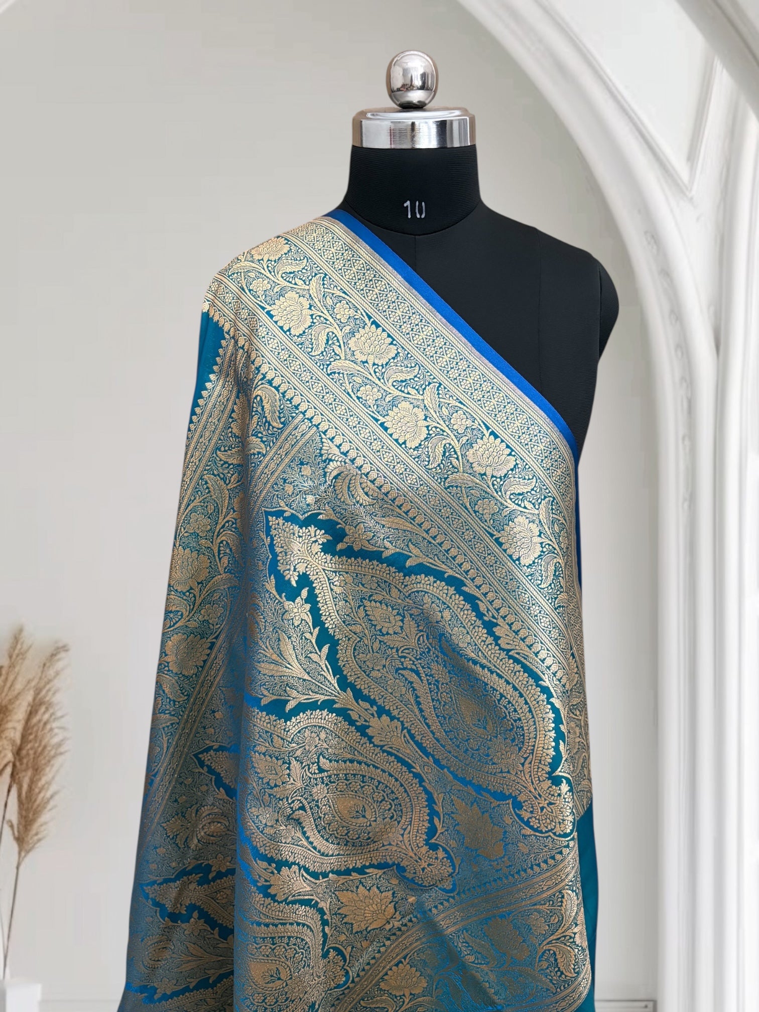 Firoza Satin Silk Banarasi Saree – Tircha Jaal Design