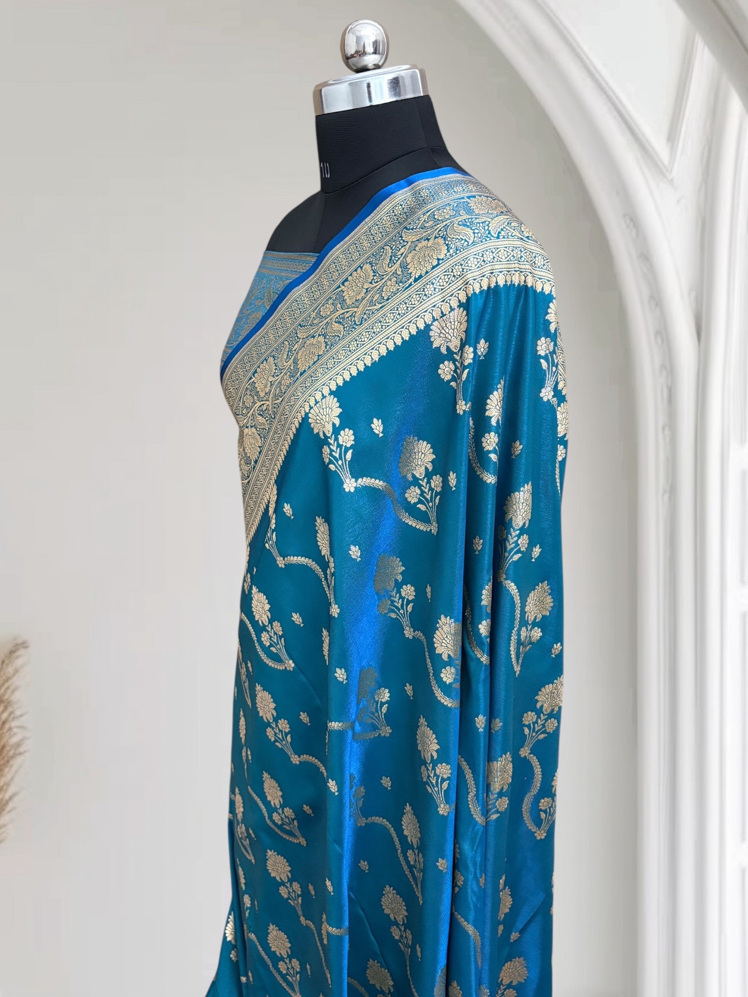 Firoza Satin Silk Banarasi Saree – Tircha Jaal Design
