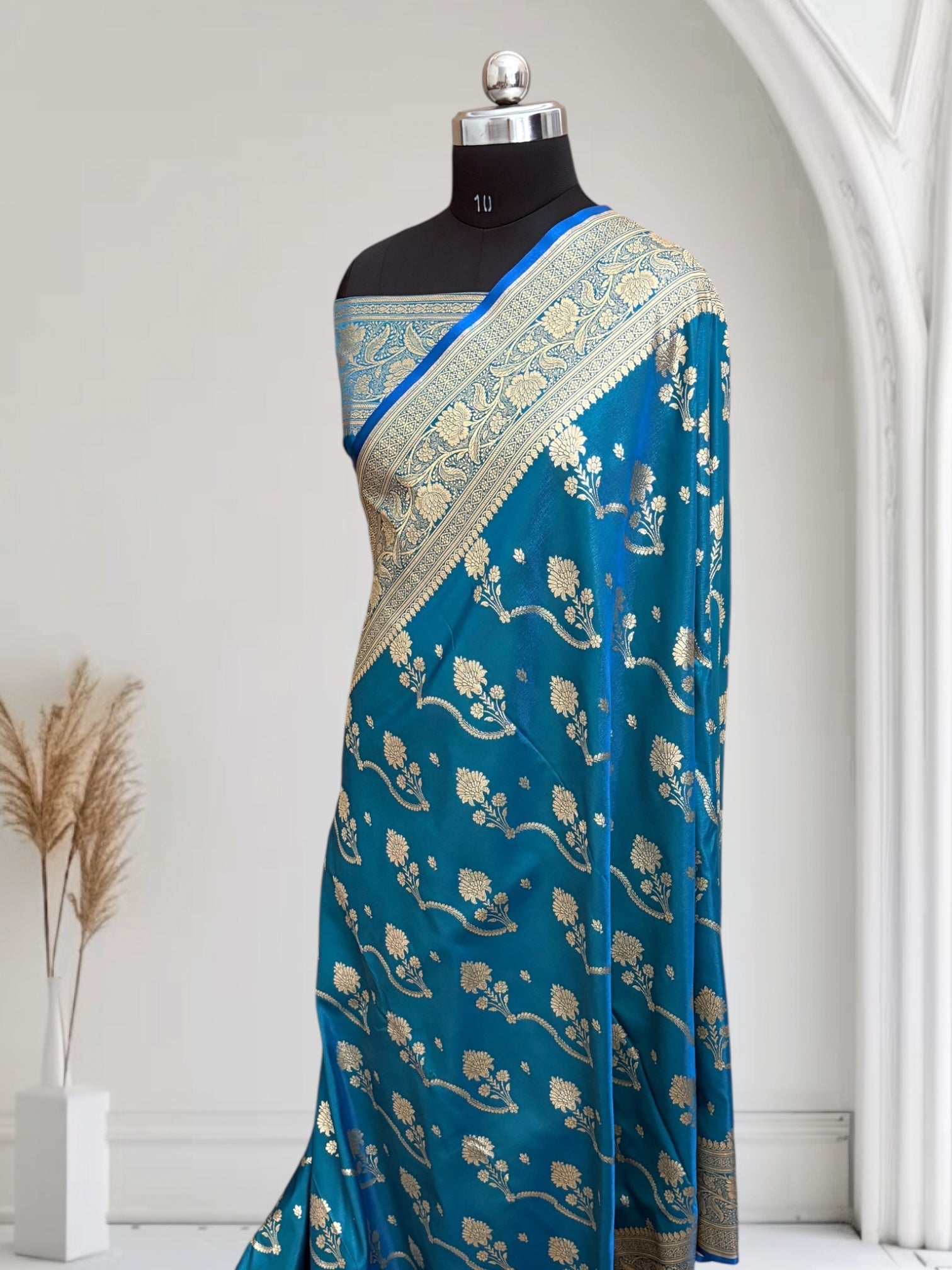 Firoza Satin Silk Banarasi Saree – Tircha Jaal Design