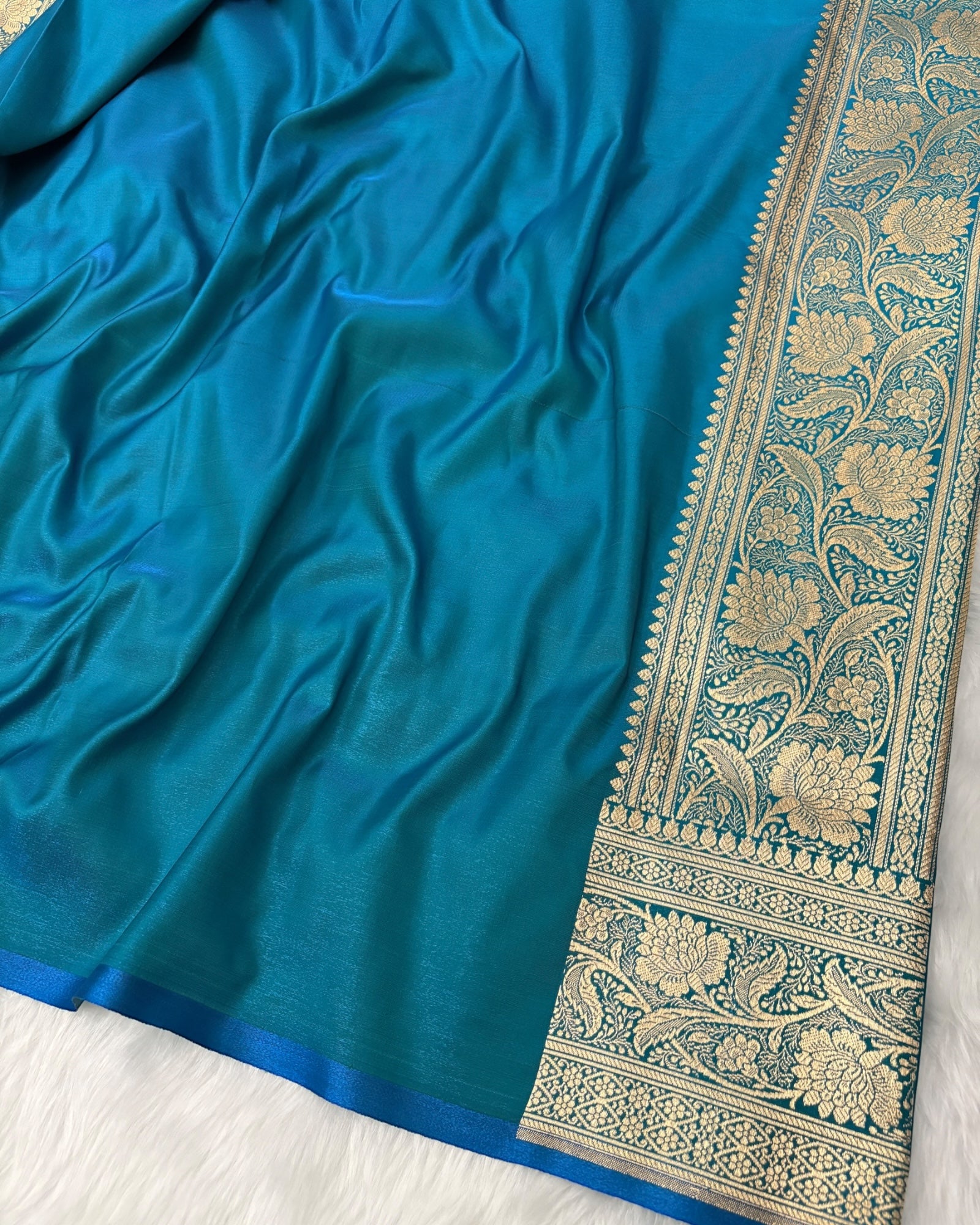 Firoza Satin Silk Banarasi Saree – Tircha Jaal Design