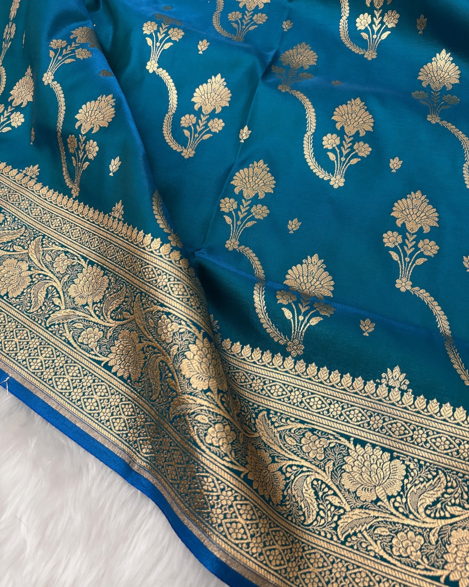Firoza Satin Silk Banarasi Saree – Tircha Jaal Design