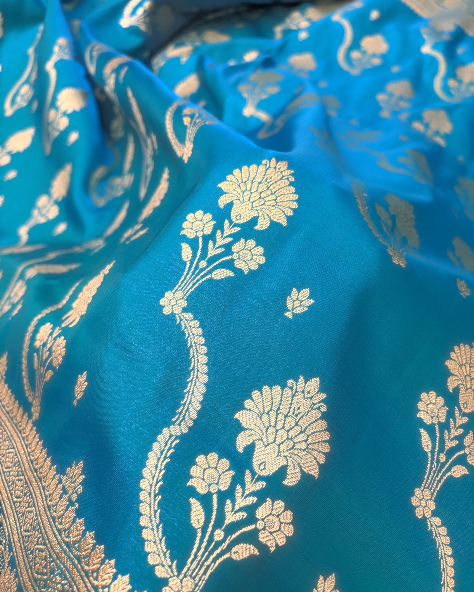 Firoza Satin Silk Banarasi Saree – Tircha Jaal Design