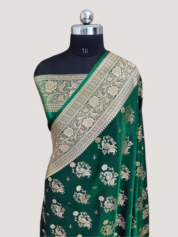 MorPankhi Botel Green Satin Silk Banarasi Saree
