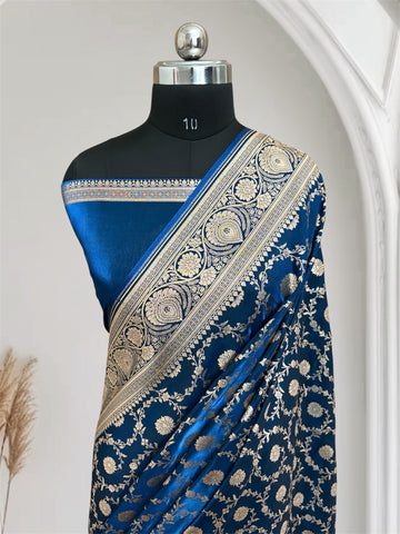 Royal Blue Dual Tone Satin Silk Banarasi Saree in Floral Jaal Pattern