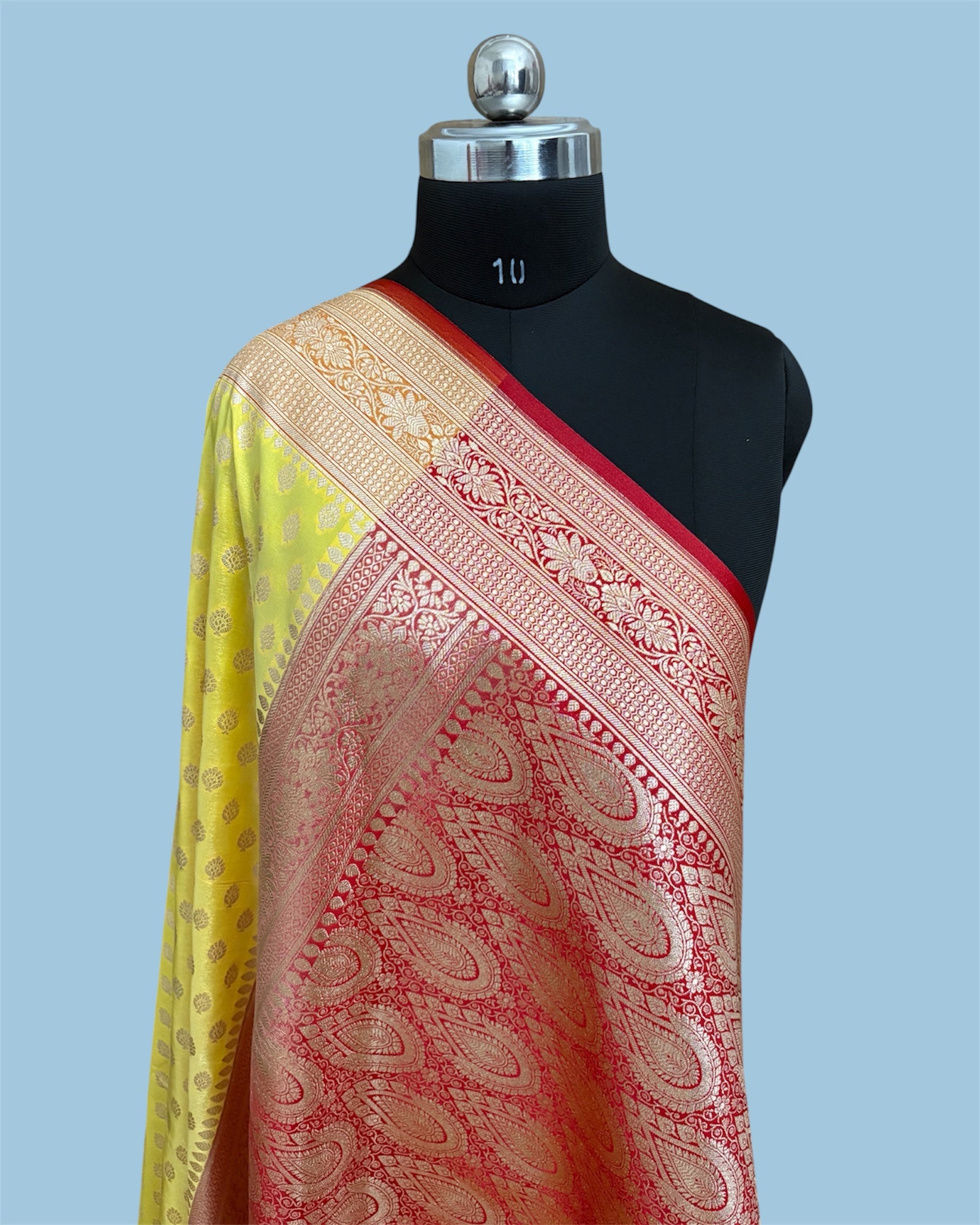 Lemon & Red Dual Colour Satin Silk Banarasi Saree in Buti Design