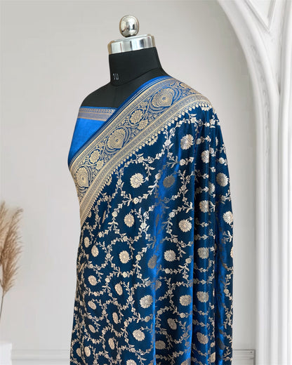 Royal Blue Dual Tone Satin Silk Banarasi Saree in Floral Jaal Pattern