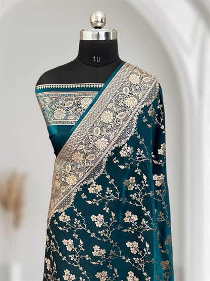 Teal Green Satin Silk Banarasi Saree in Jaal Pattern - Zohra Silk