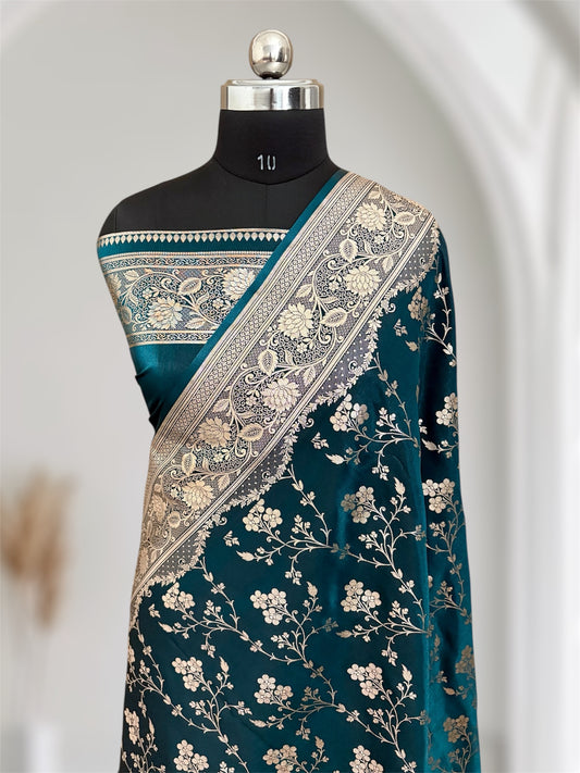 Teal Green Satin Silk Banarasi Saree in Jaal Pattern - Zohra Silk