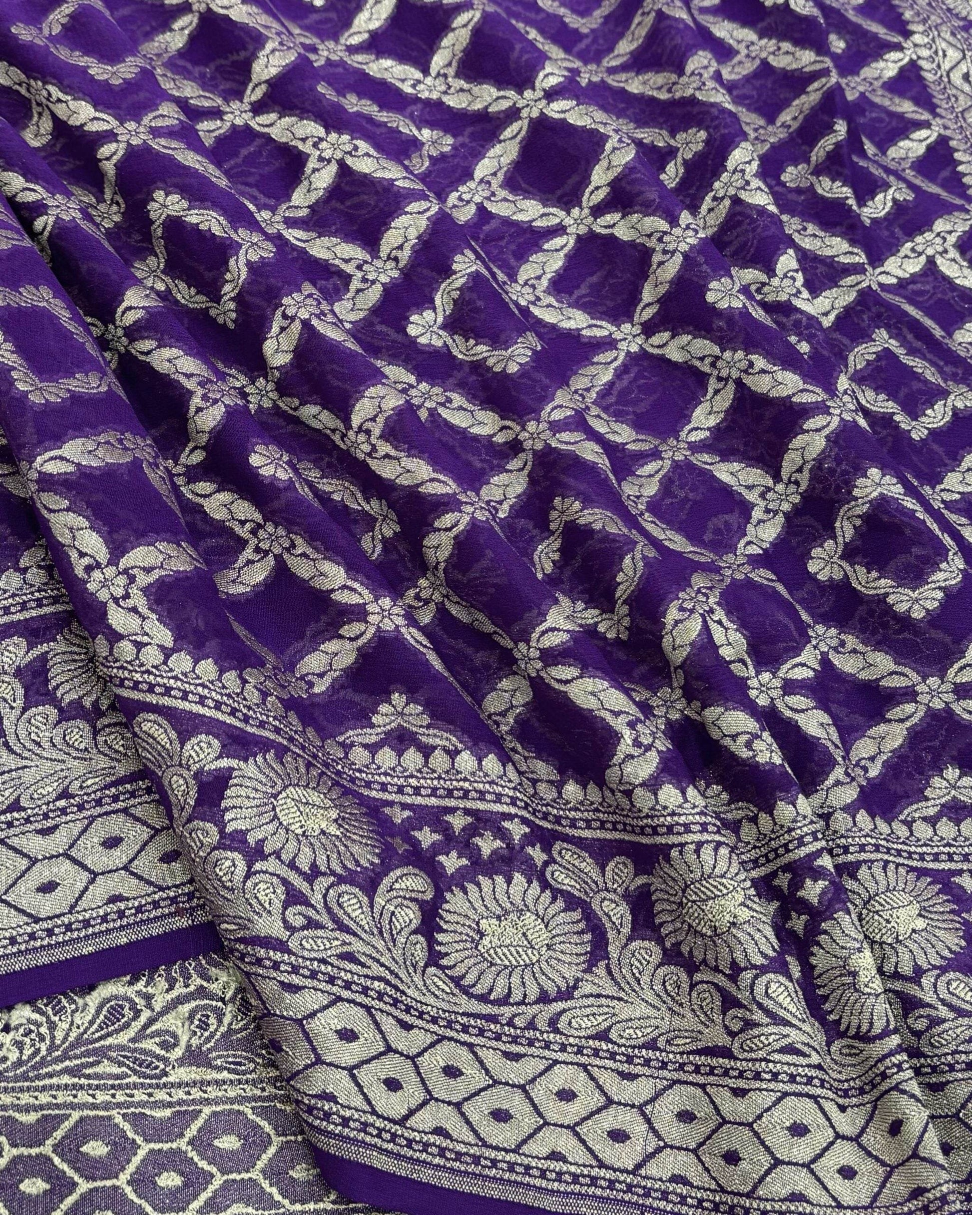 Blue-Magenta Violet Light Golden Zari Work Chiffon Pure Silk Banarasi Saree - Zohra Silk