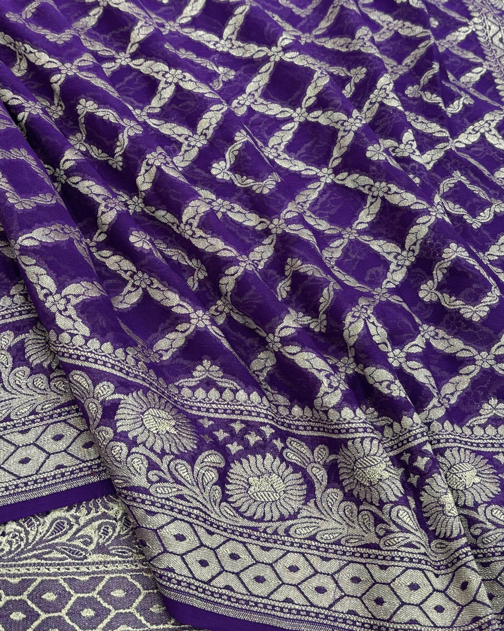 Blue-Magenta Violet Light Golden Zari Work Chiffon Pure Silk Banarasi Saree - Zohra Silk