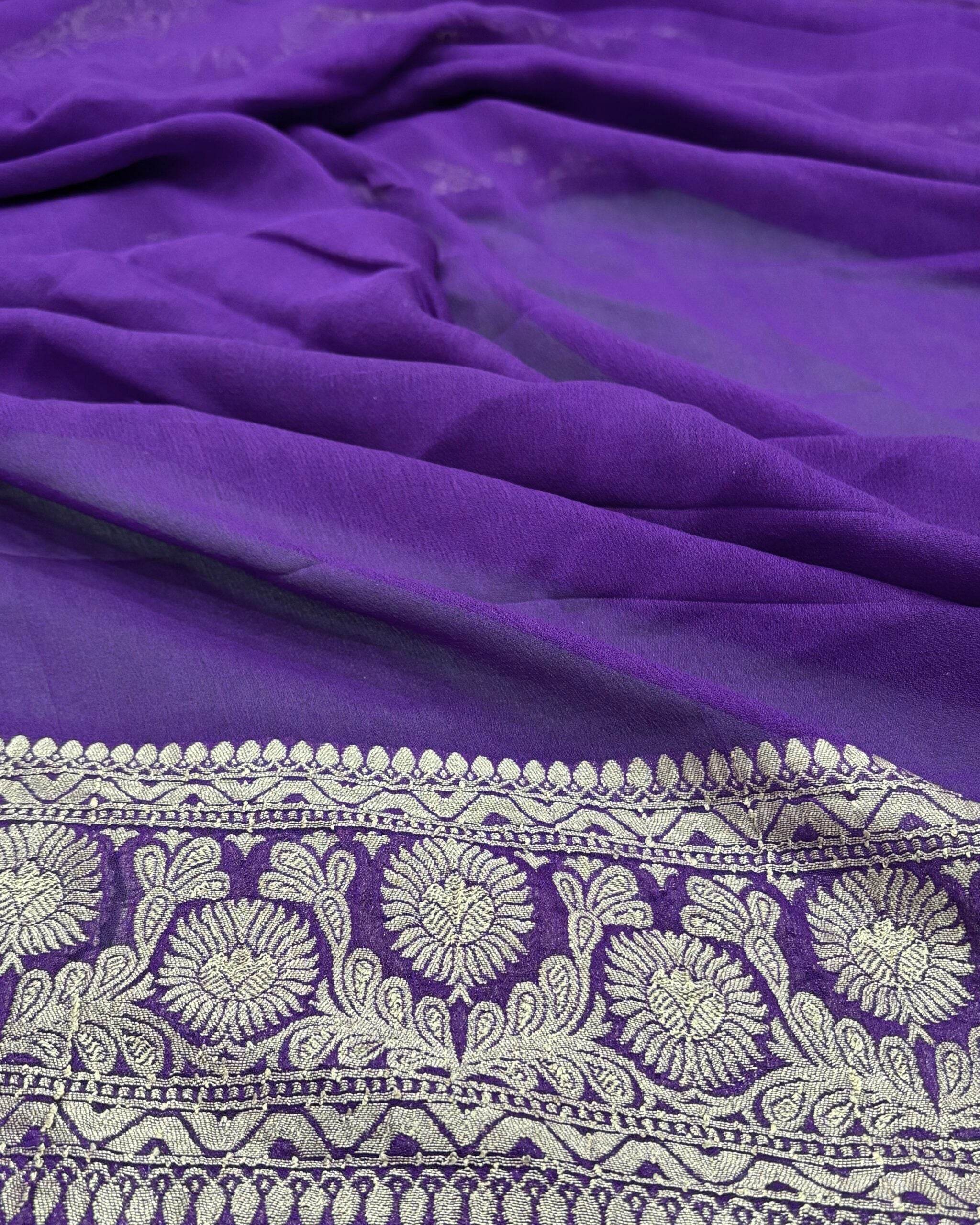 Blue-Magenta Violet Light Golden Zari Work Chiffon Pure Silk Banarasi Saree - Zohra Silk