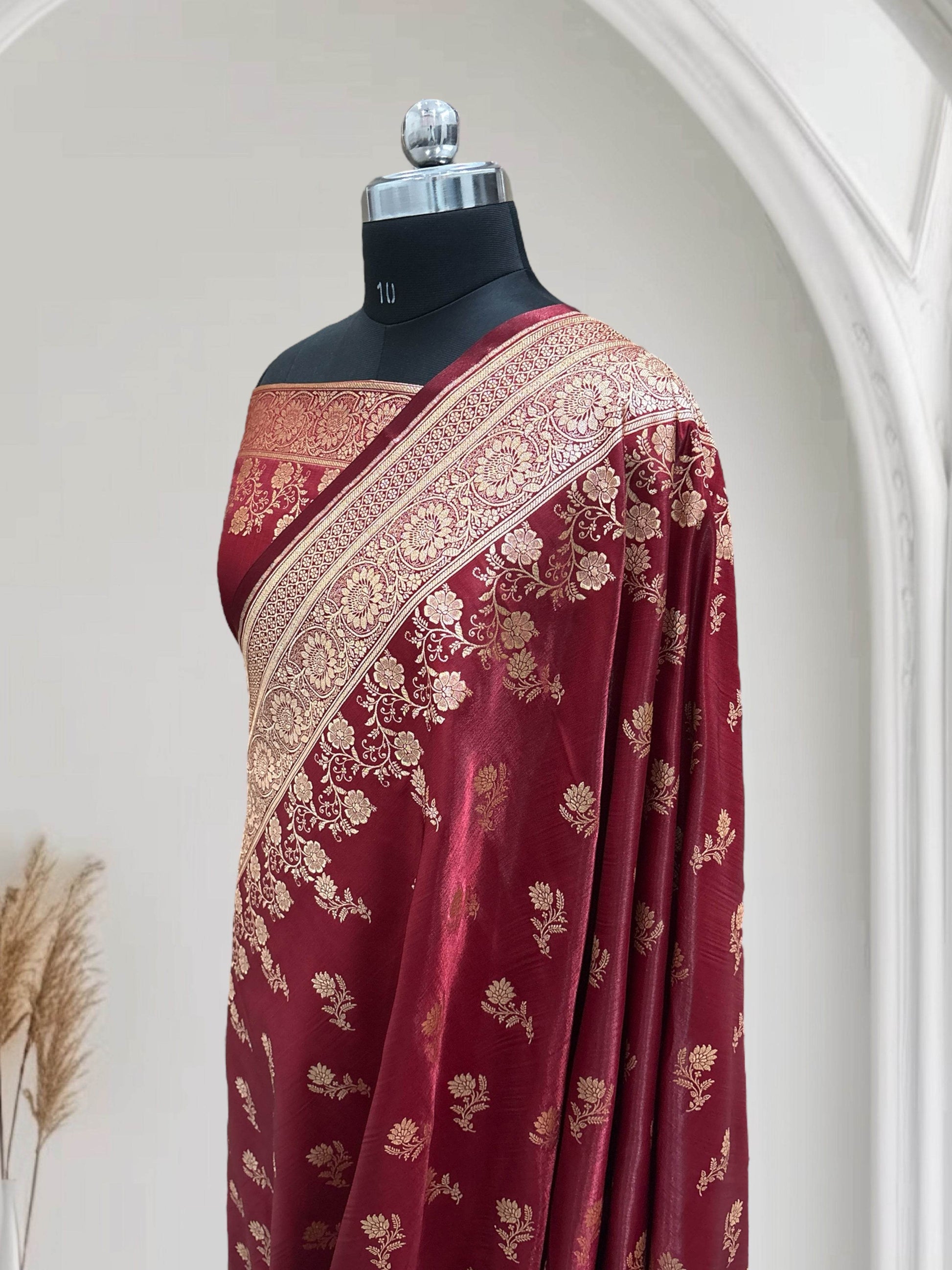Maroon with Golden Zari Work and Rose Buti Design Satin Silk Banarasi Saree - Zohra Silk