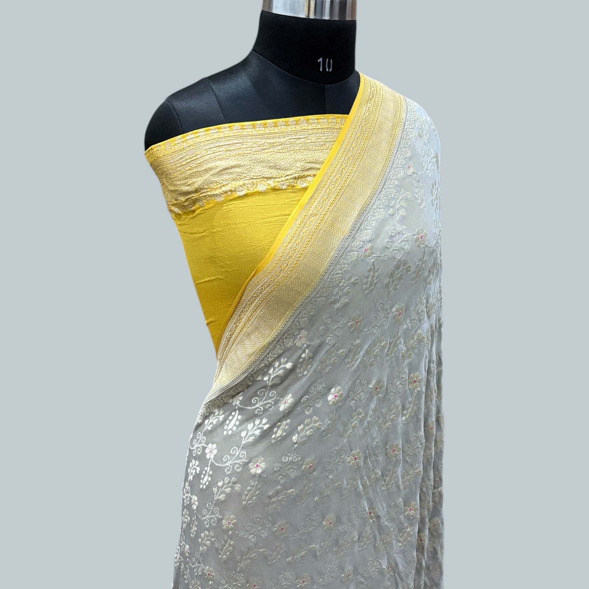 Yellow & Grey Pure Chiffon Georgette Banarasi Saree - Zohra Silk
