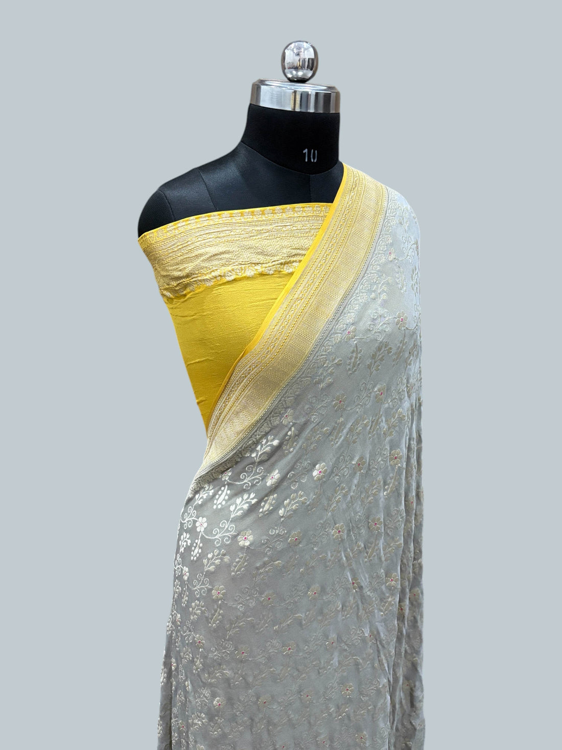 Yellow & Grey Pure Chiffon Georgette Banarasi Saree - Zohra Silk