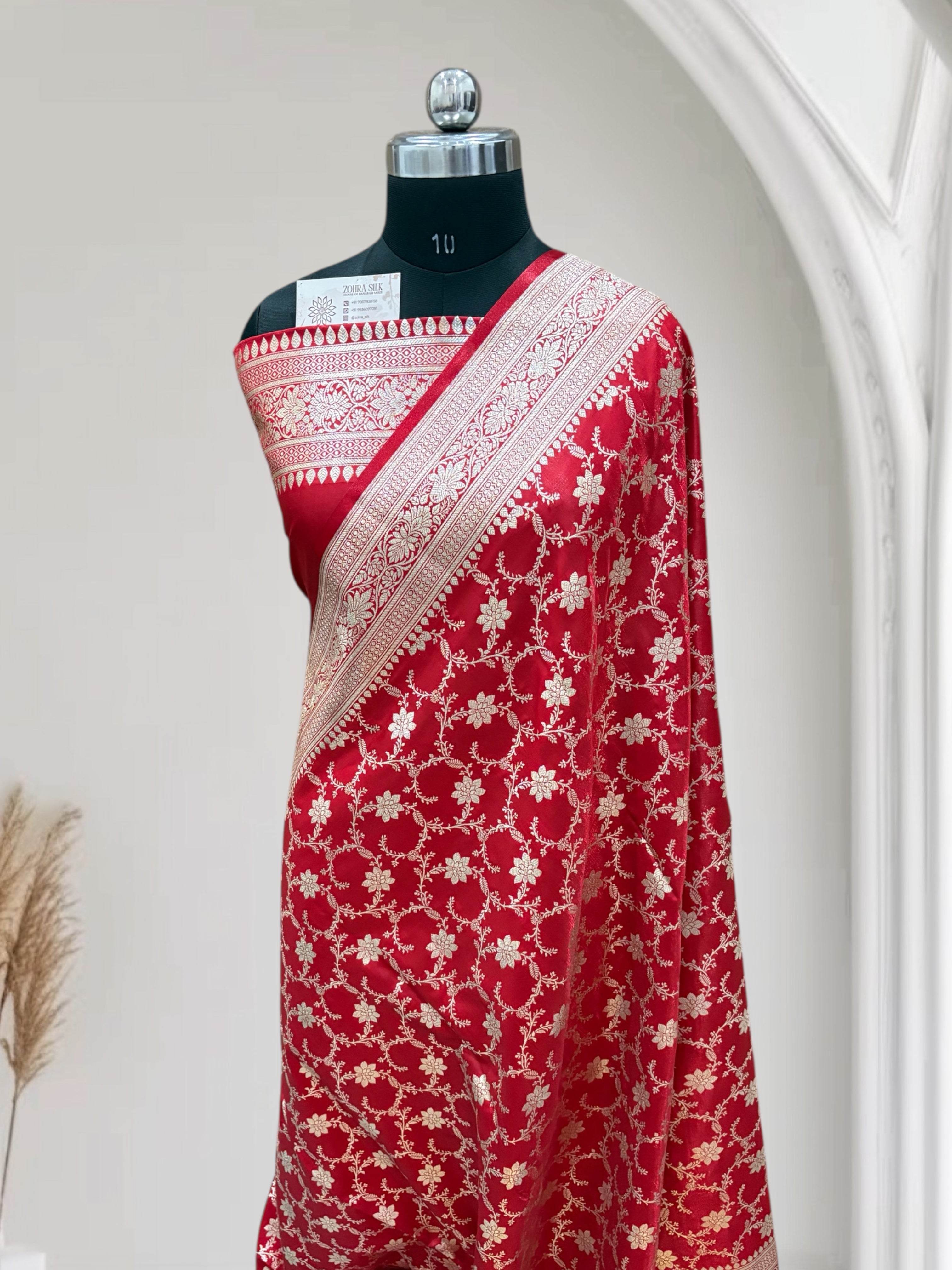 Satin Silk Banarasi Saree in Red - Zohra Silk