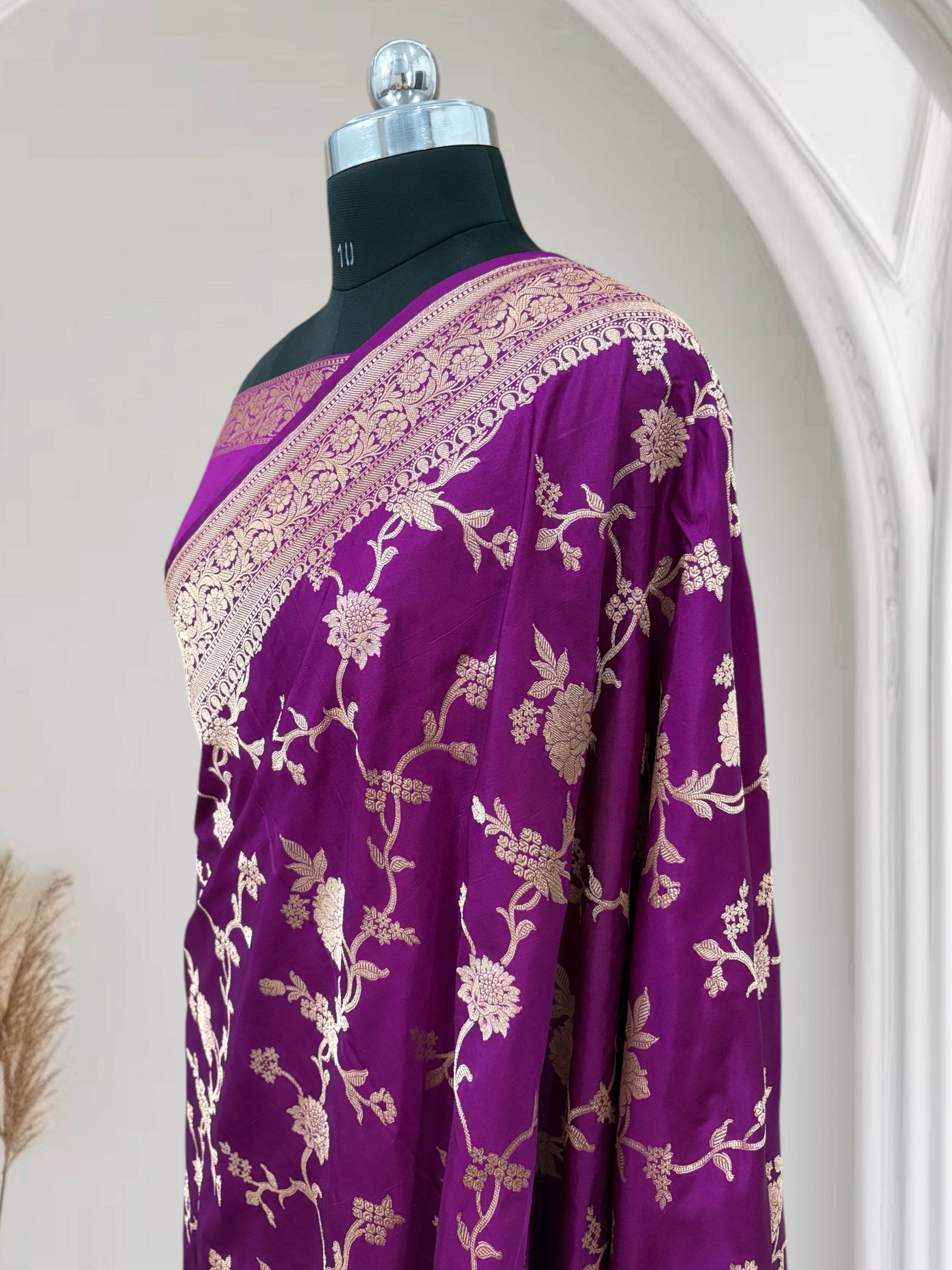 Wine Pure Kataan Silk Banarasi Saree with Simple Floral Jaal - Zohra Silk