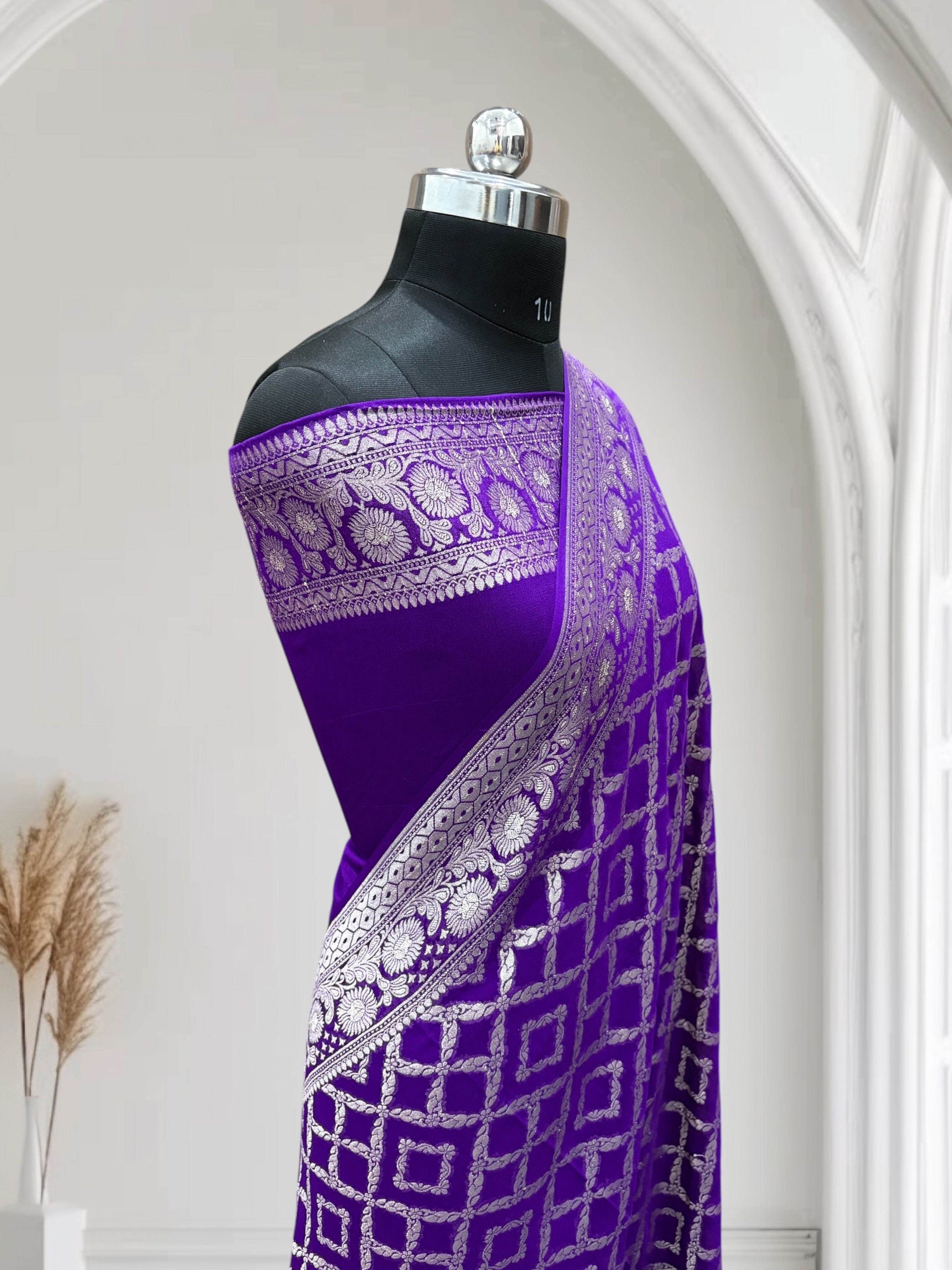 Blue-Magenta Violet Light Golden Zari Work Chiffon Pure Silk Banarasi Saree - Zohra Silk