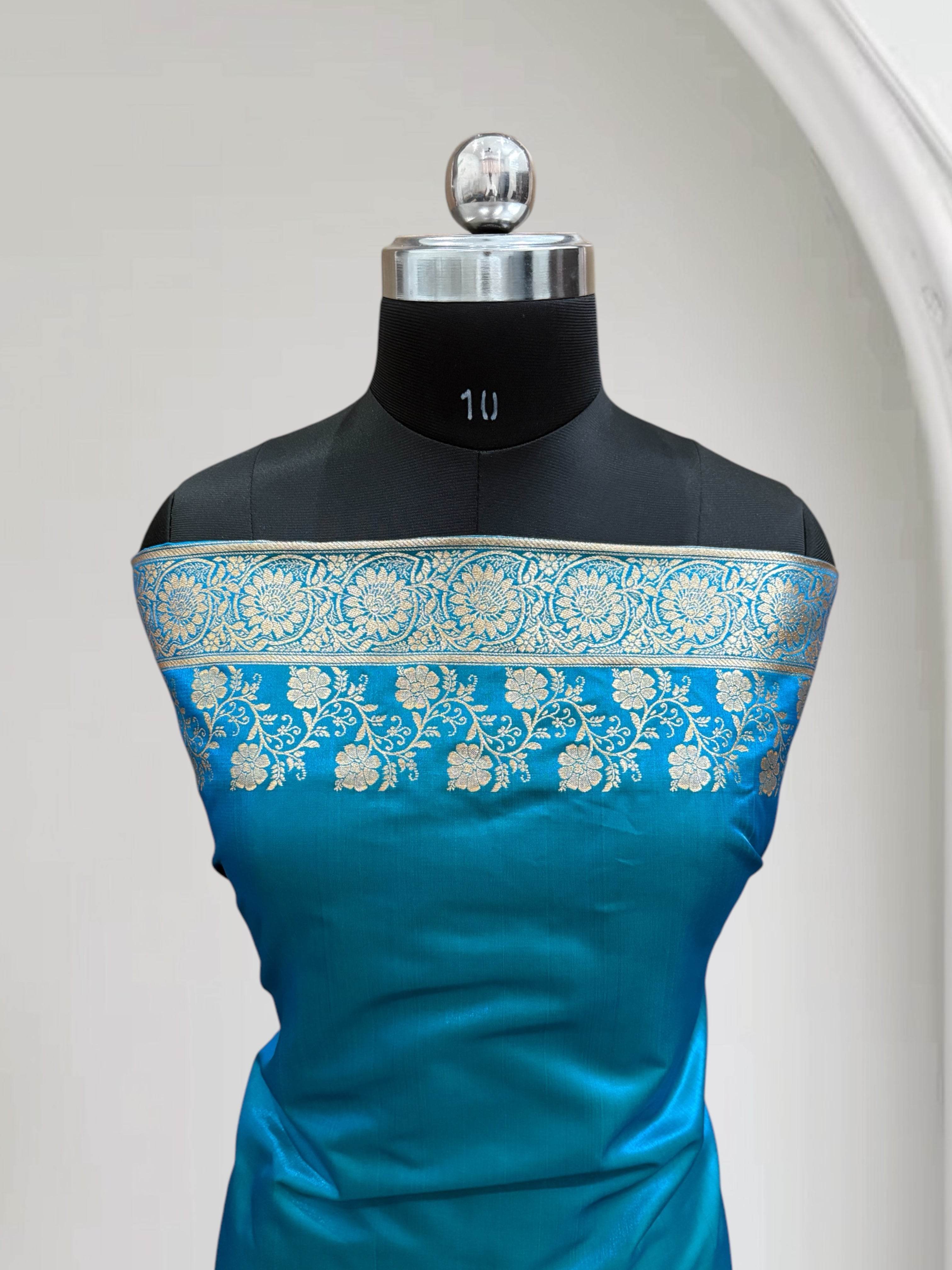 Firoza with Golden Zari Work and Rose Buti Design Satin Silk Banarasi Saree - Zohra Silk