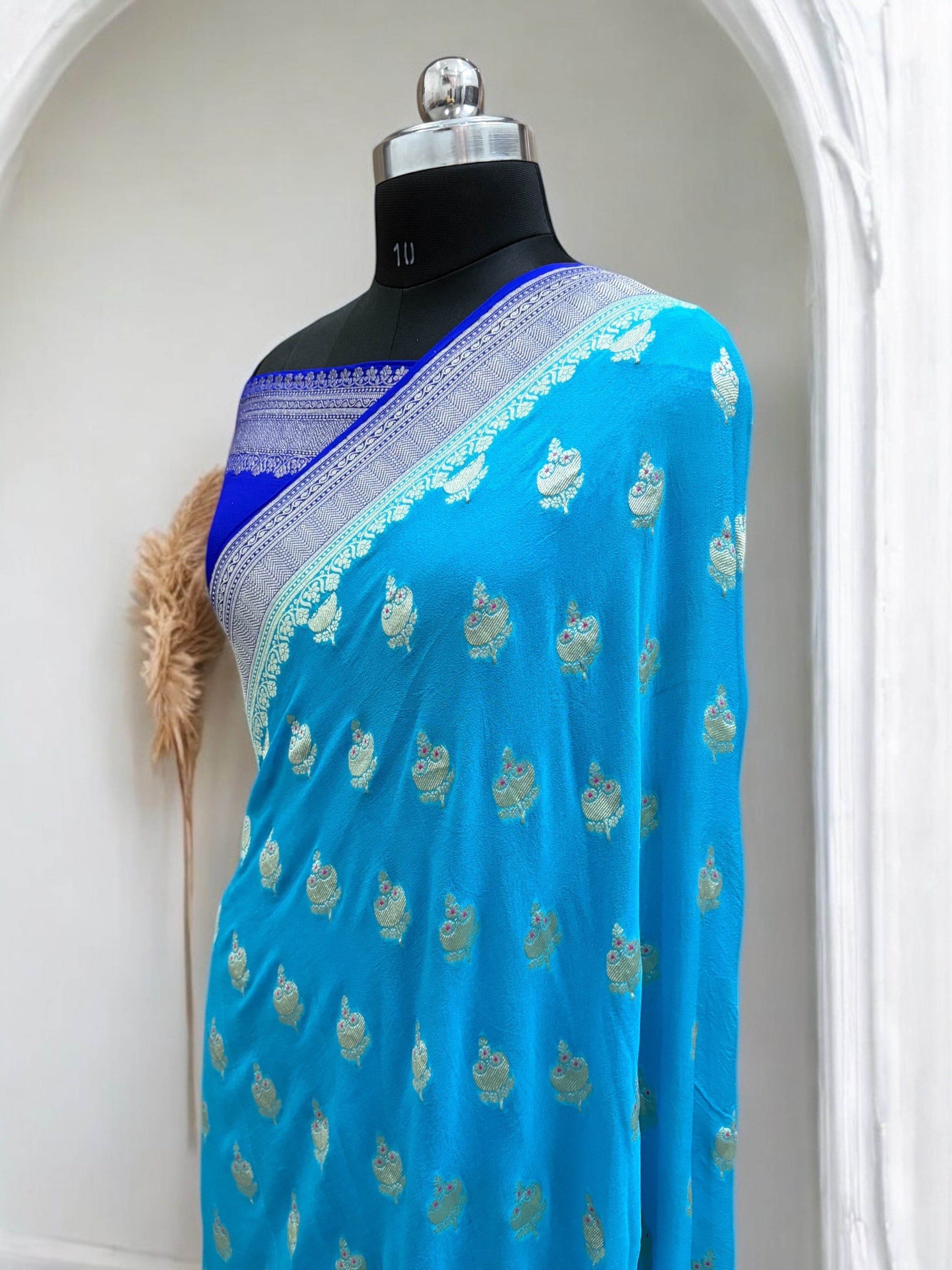 Royal Blue & Blue-Green Chiffon Pure Georgette Banarasi Saree - Zohra Silk