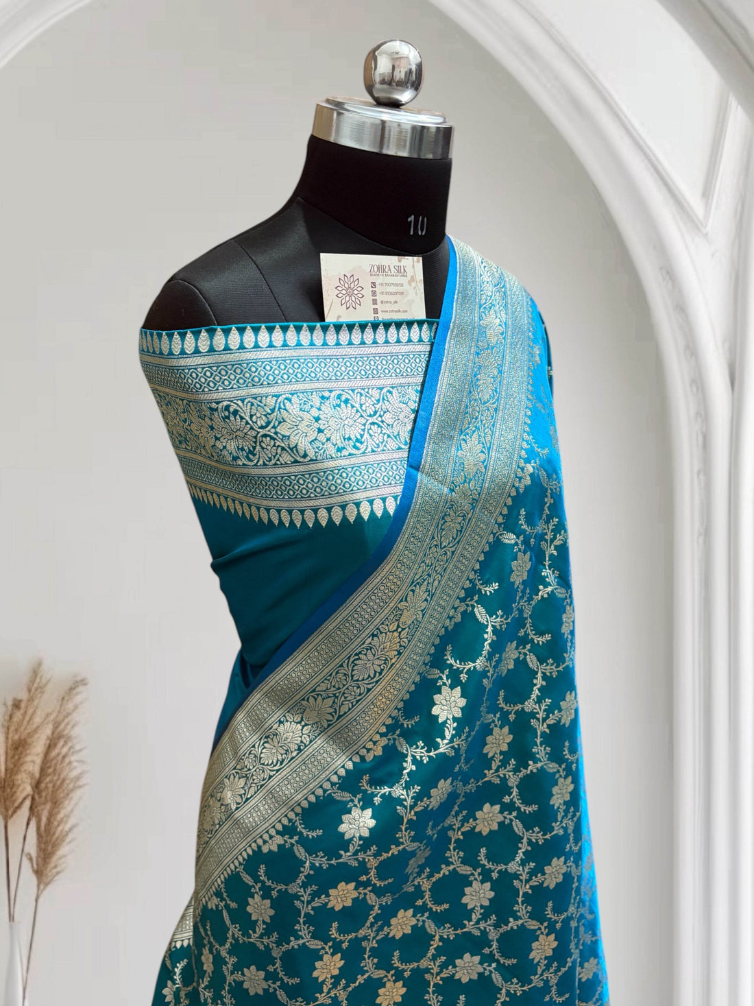 Blue-Green Jaal Pattern Satin Silk - Zohra Silk