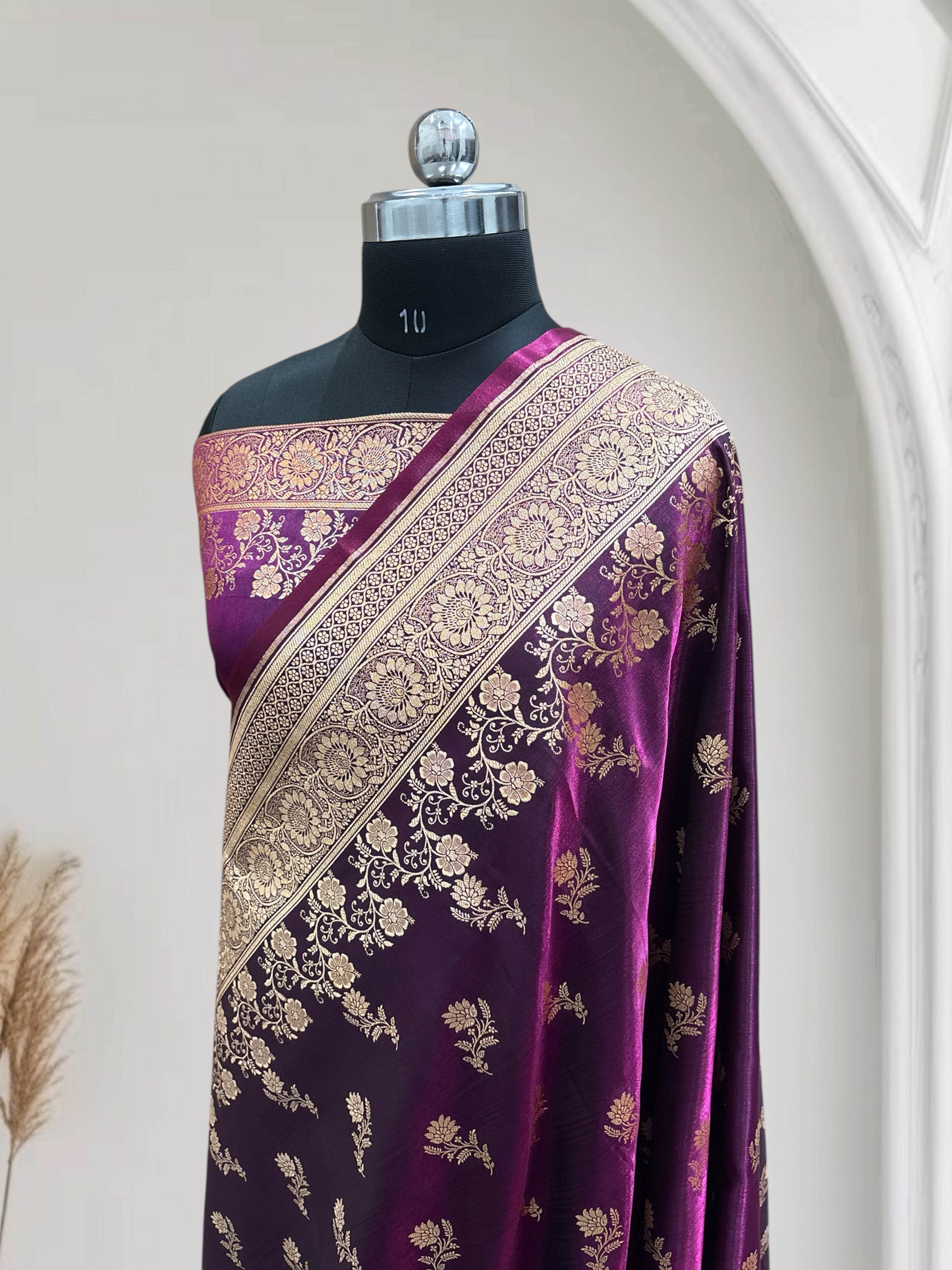 Magenta with Golden Zari Work and Rose Buti Design Satin Silk Banarasi Saree - Zohra Silk