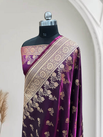 Magenta with Golden Zari Work and Rose Buti Design Satin Silk Banarasi Saree - Zohra Silk