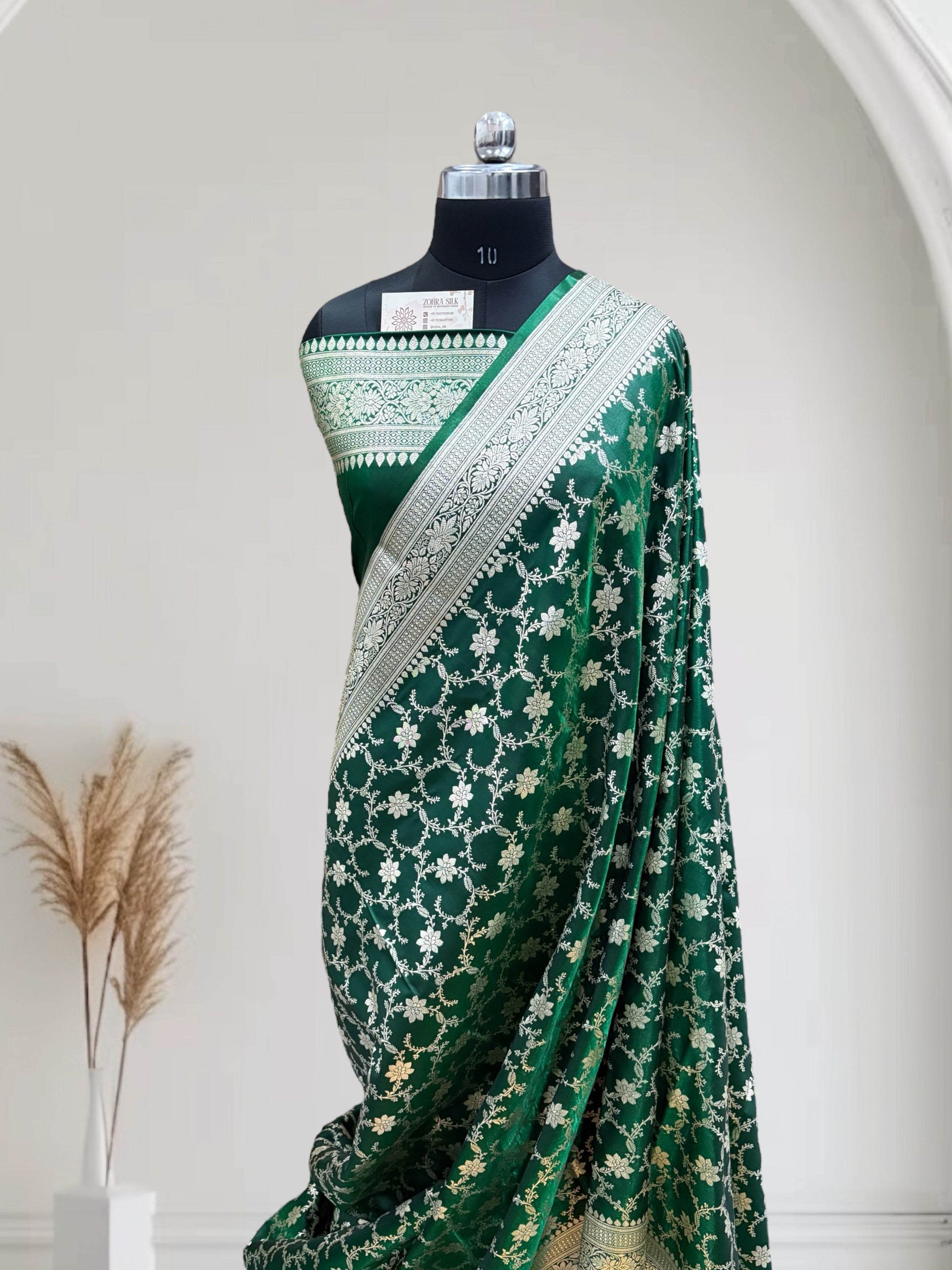 Satin Silk Banarasi Saree in Dark Green - Zohra Silk
