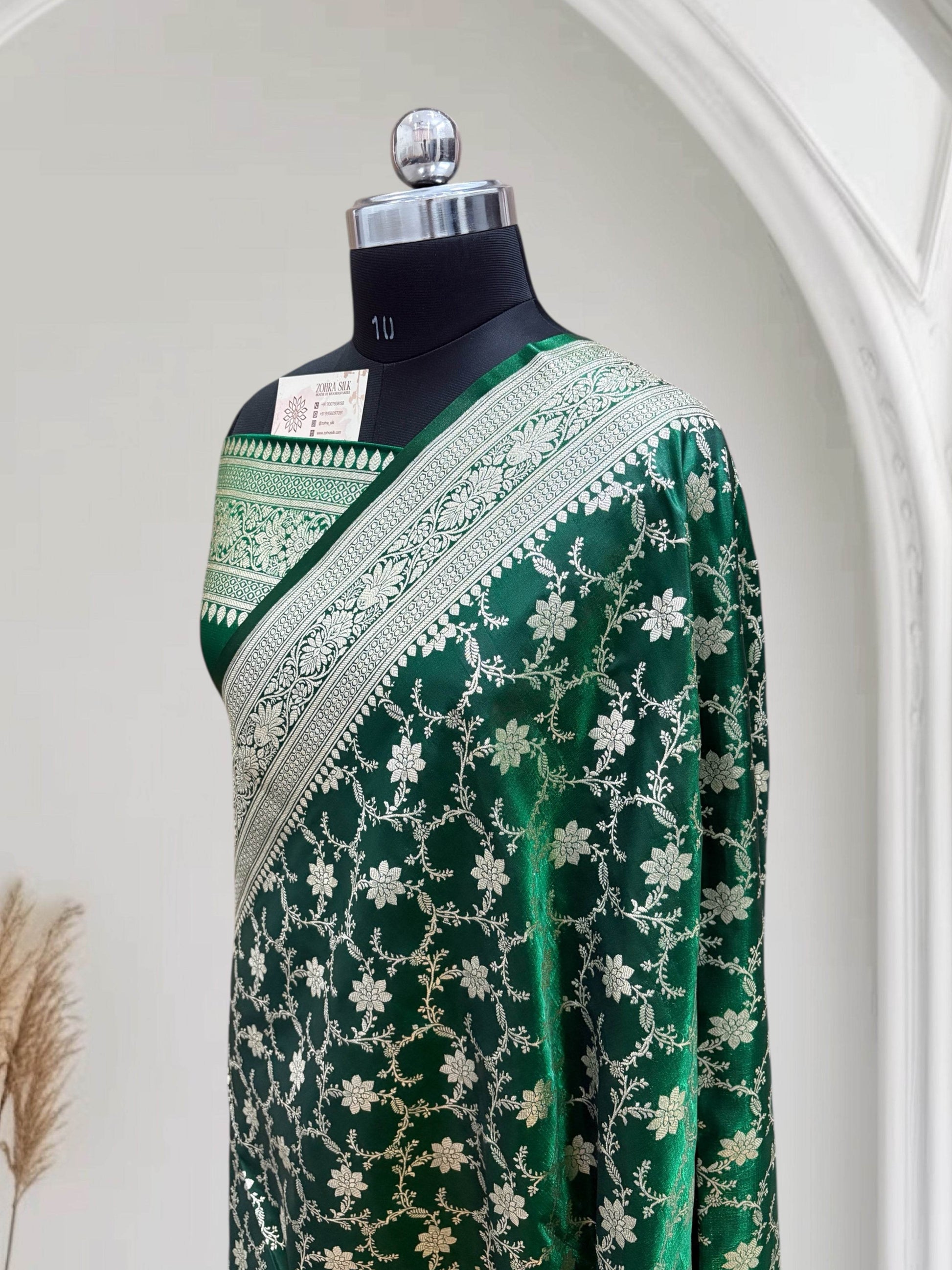 Satin Silk Banarasi Saree in Dark Green - Zohra Silk