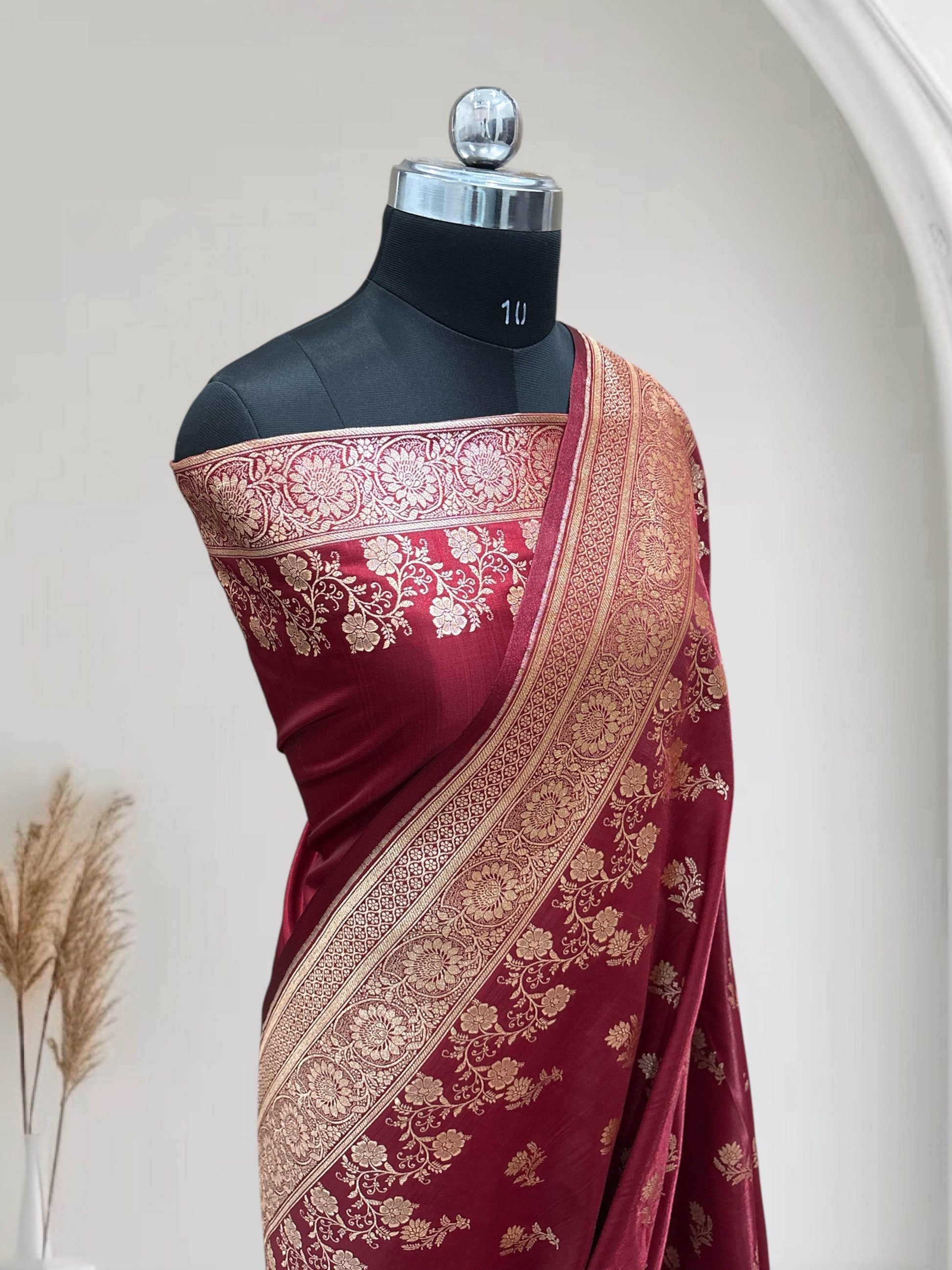 Maroon with Golden Zari Work and Rose Buti Design Satin Silk Banarasi Saree - Zohra Silk