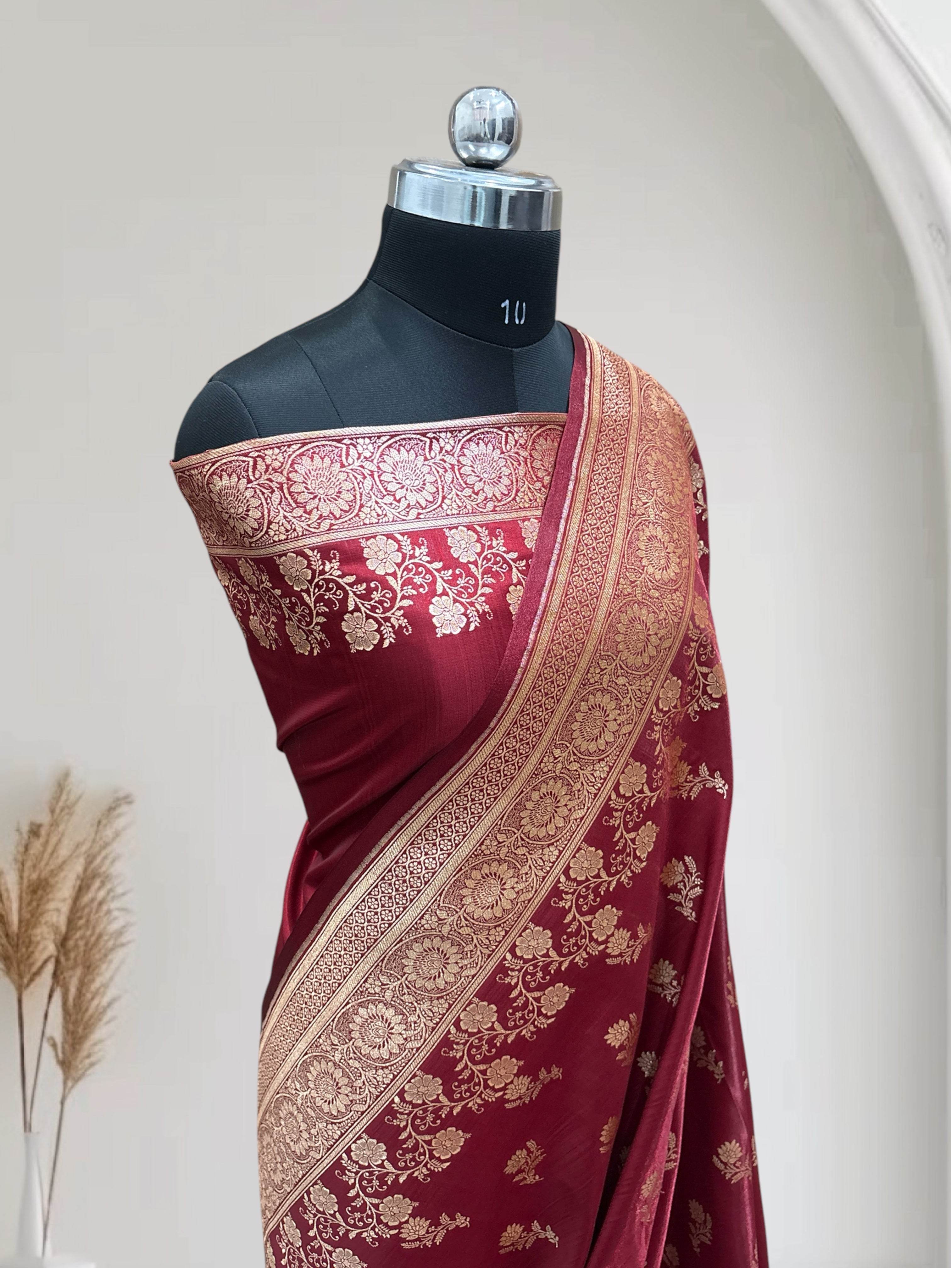 Maroon with Golden Zari Work and Rose Buti Design Satin Silk Banarasi Saree - Zohra Silk