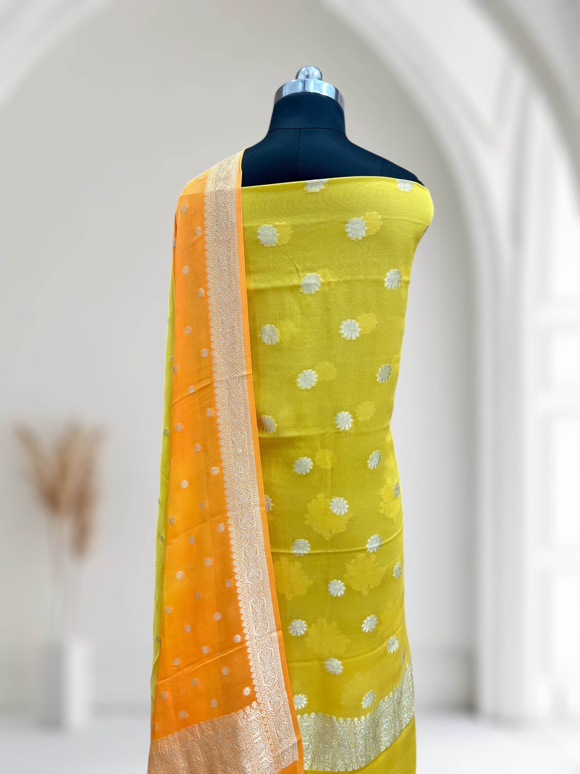 Yellow & Orange-Yellow Pure Chiffon Georgette Banarasi Suit - Zohra Silk
