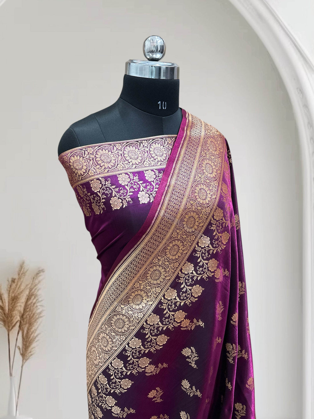 Magenta with Golden Zari Work and Rose Buti Design Satin Silk Banarasi Saree - Zohra Silk