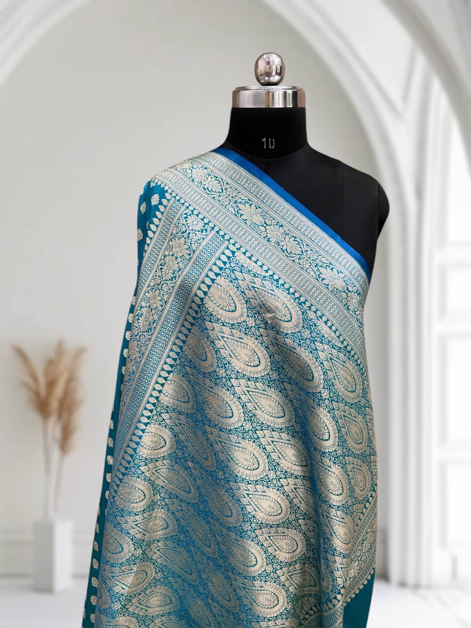 Blue-Green Buti Satin Silk Saree - Zohra Silk