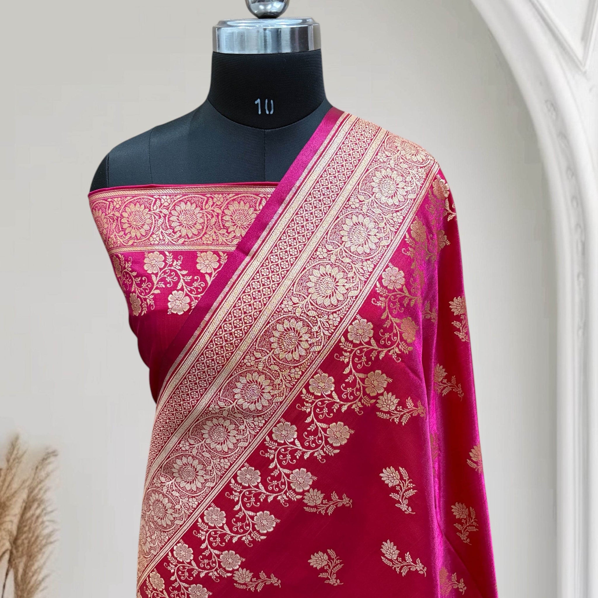 Rani with Red Shaded Zari Work and Rose Buti Design Satin Silk Banarasi Saree - Zohra Silk