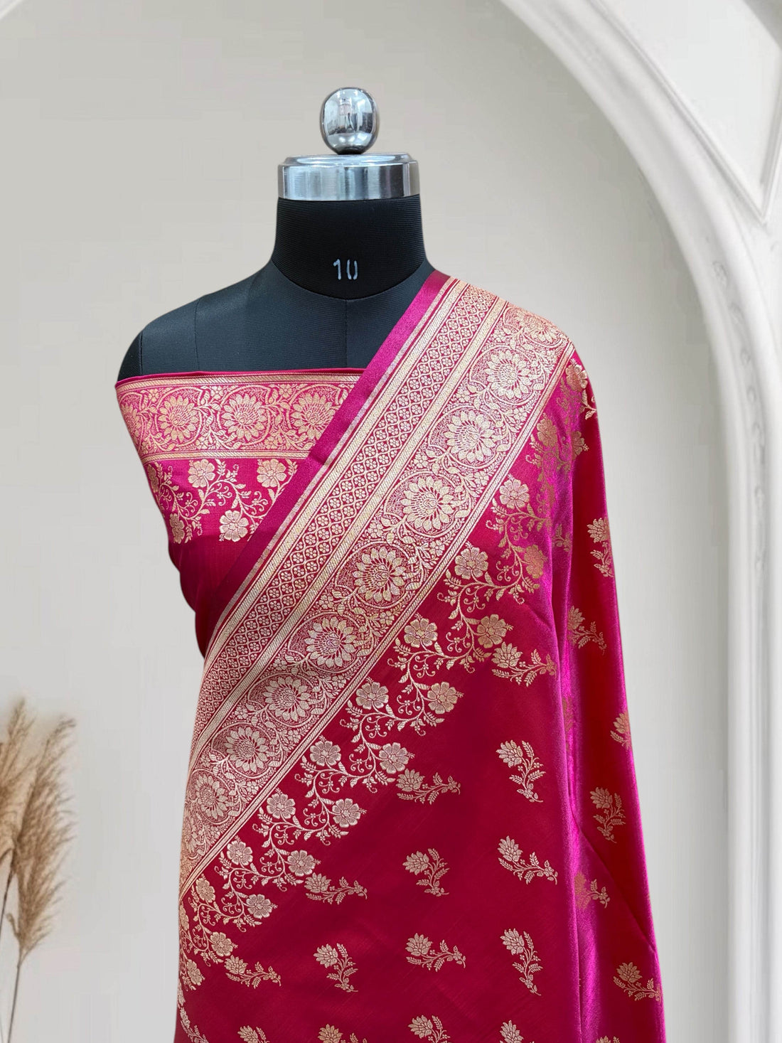Rani with Red Shaded Zari Work and Rose Buti Design Satin Silk Banarasi Saree - Zohra Silk