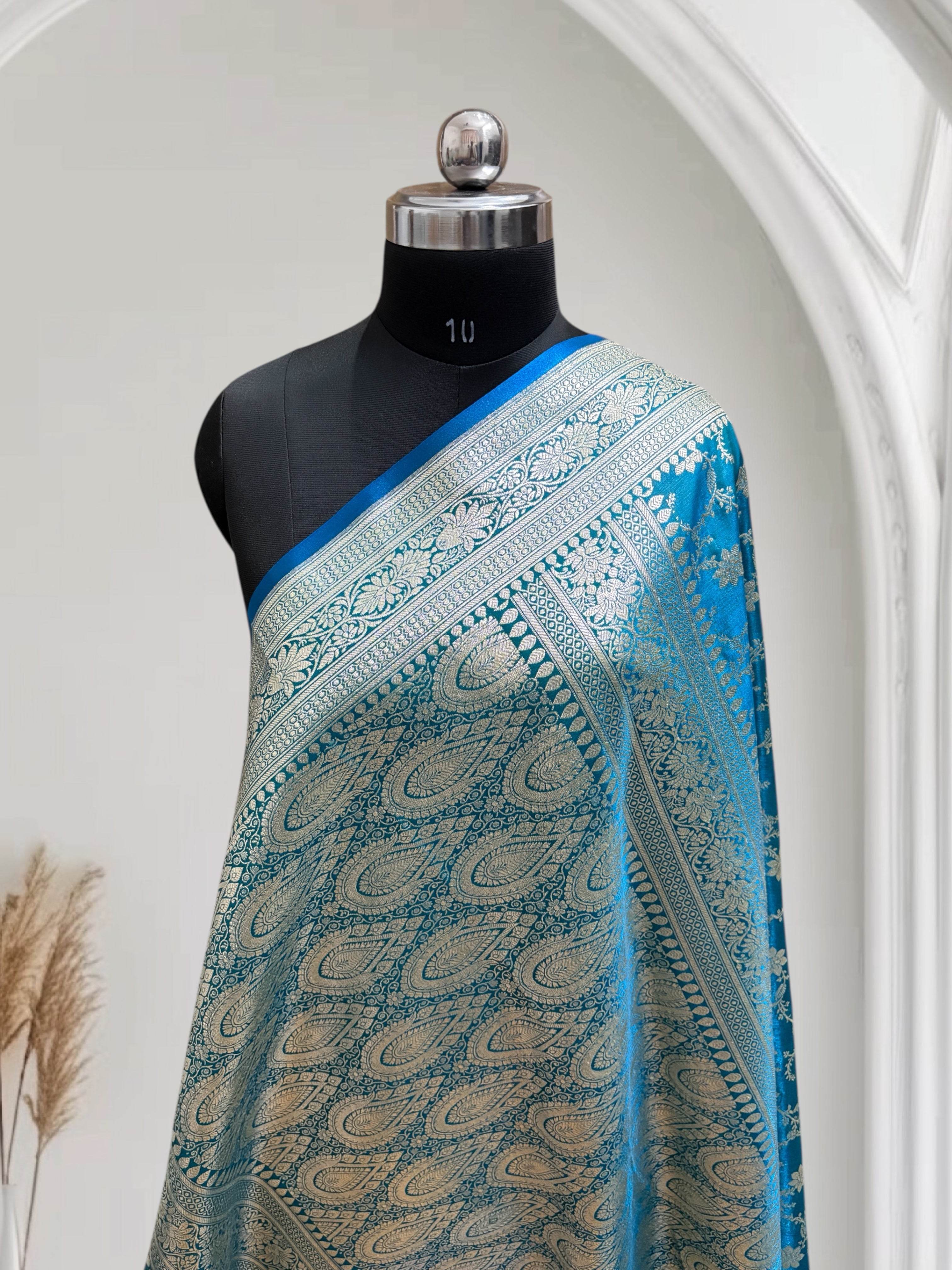 Satin Silk Banarasi Saree in Firoza - Zohra Silk