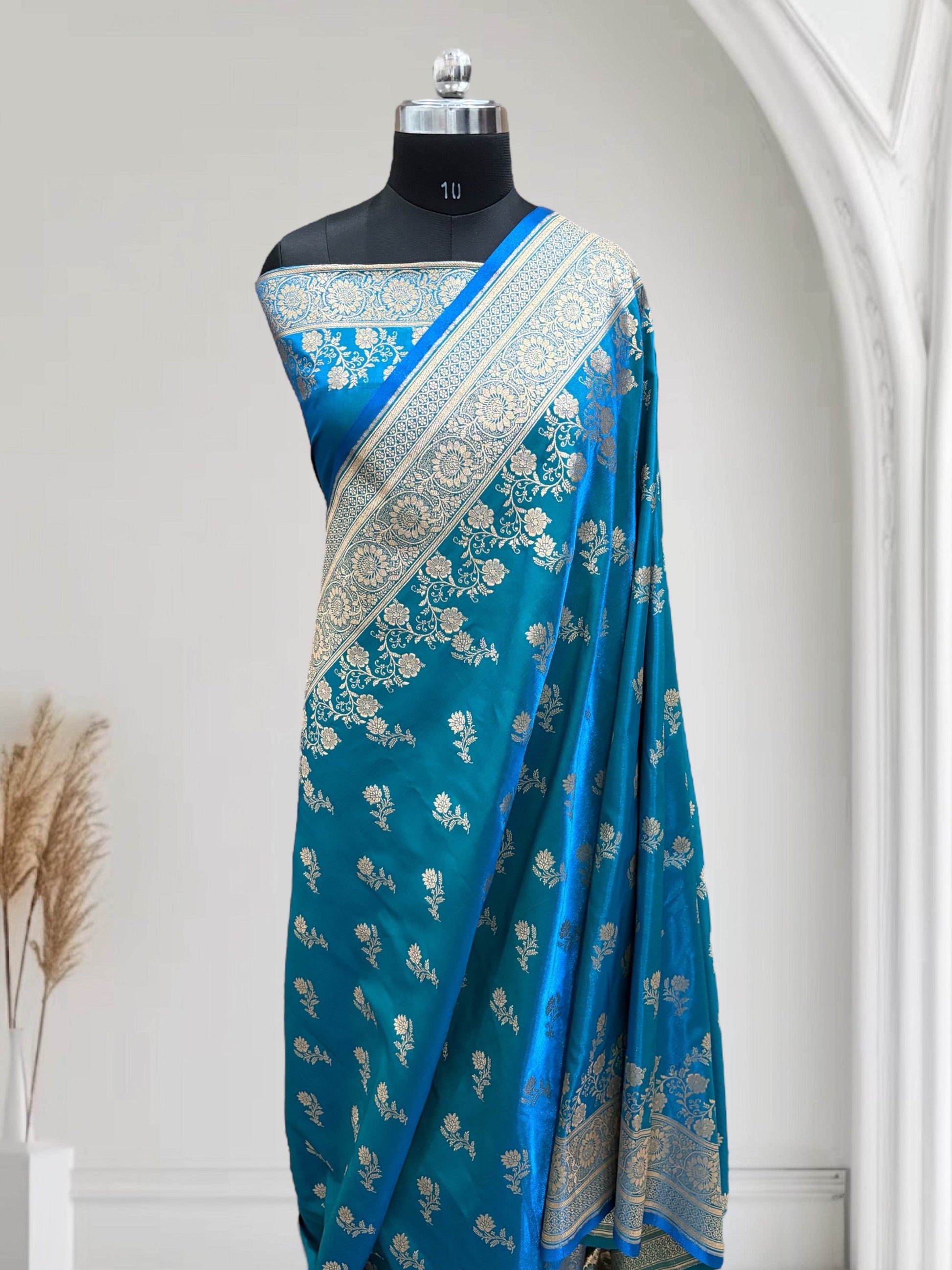 Firoza with Golden Zari Work and Rose Buti Design Satin Silk Banarasi Saree - Zohra Silk