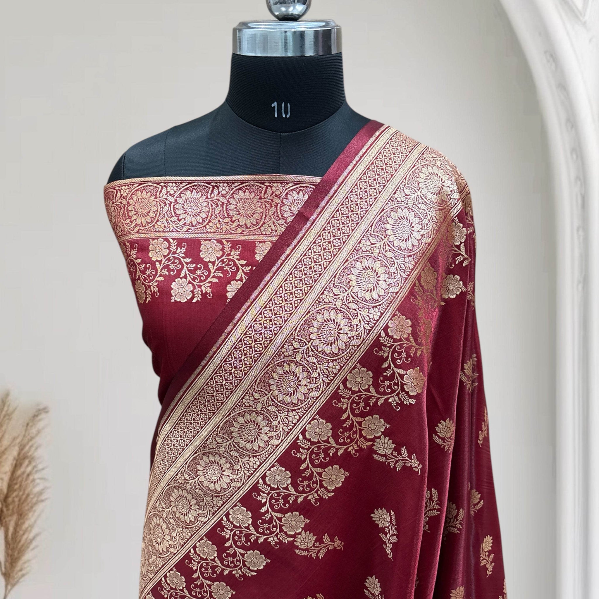 Maroon with Golden Zari Work and Rose Buti Design Satin Silk Banarasi Saree - Zohra Silk