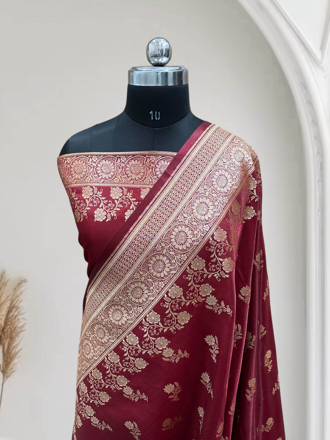 Maroon with Golden Zari Work and Rose Buti Design Satin Silk Banarasi Saree - Zohra Silk