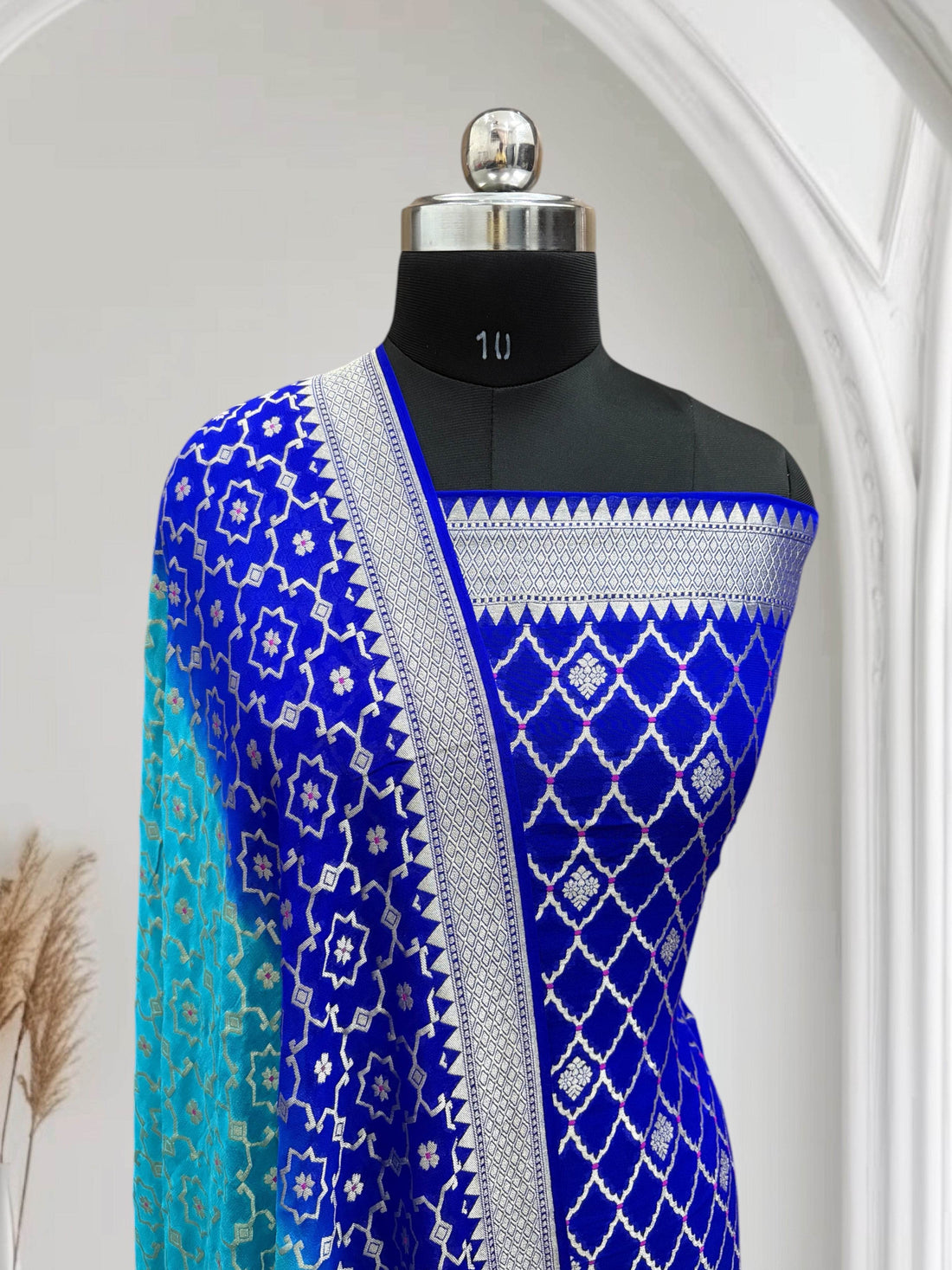 Blue & Blue-Green Pure Chiffon Georgette Banarasi Suit - Zohra Silk