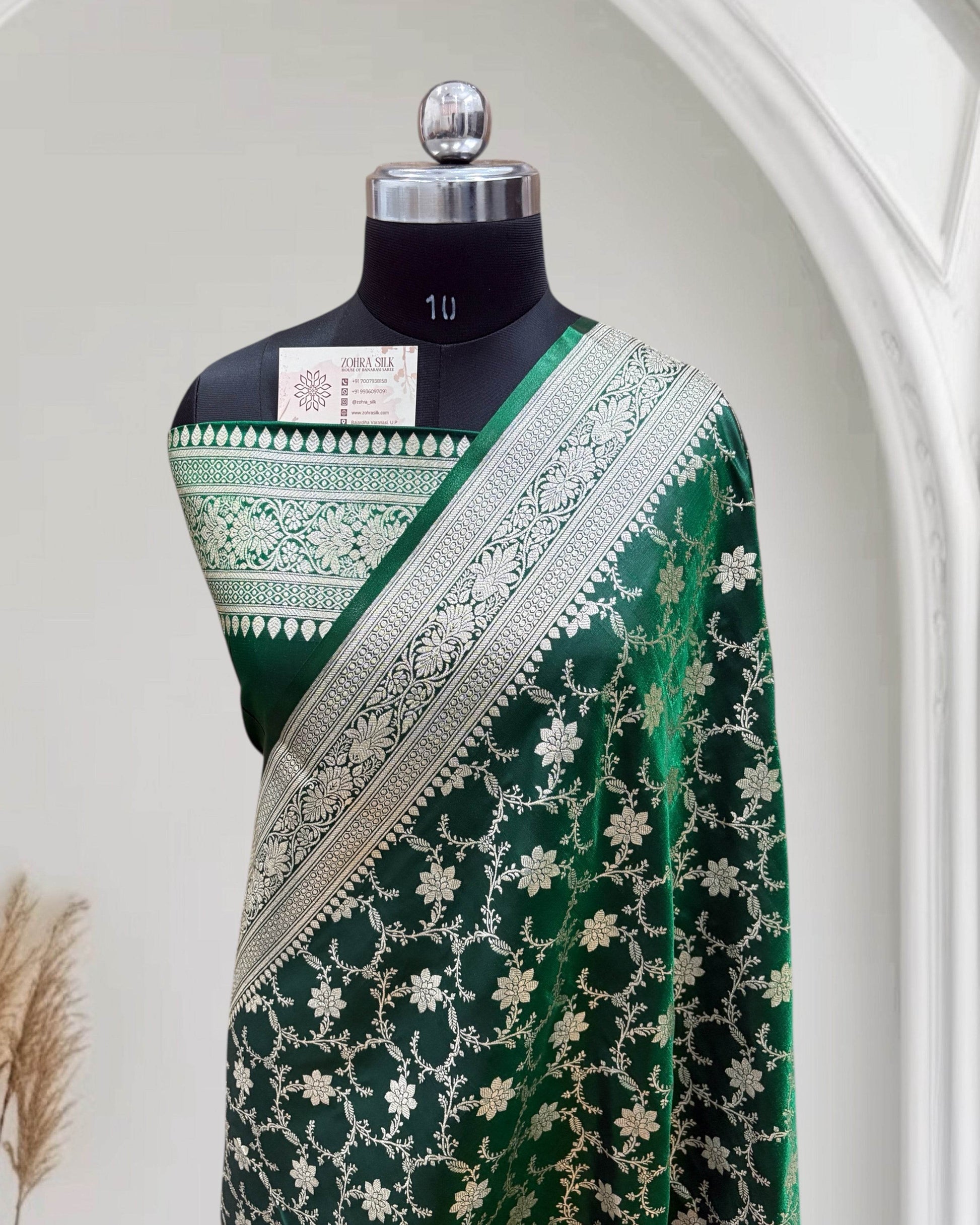 Satin Silk Banarasi Saree in Dark Green - Zohra Silk