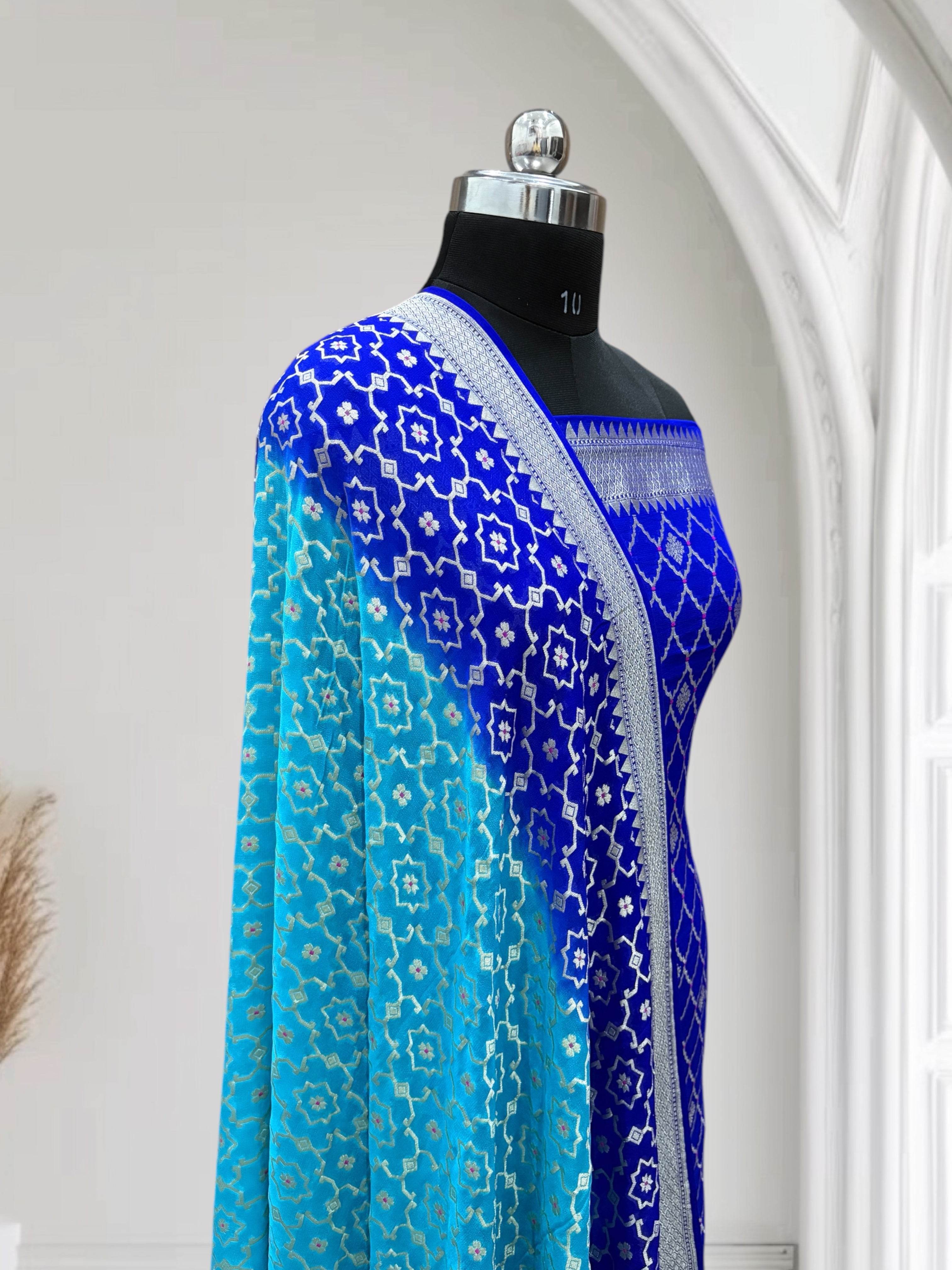 Blue & Blue-Green Pure Chiffon Georgette Banarasi Suit - Zohra Silk