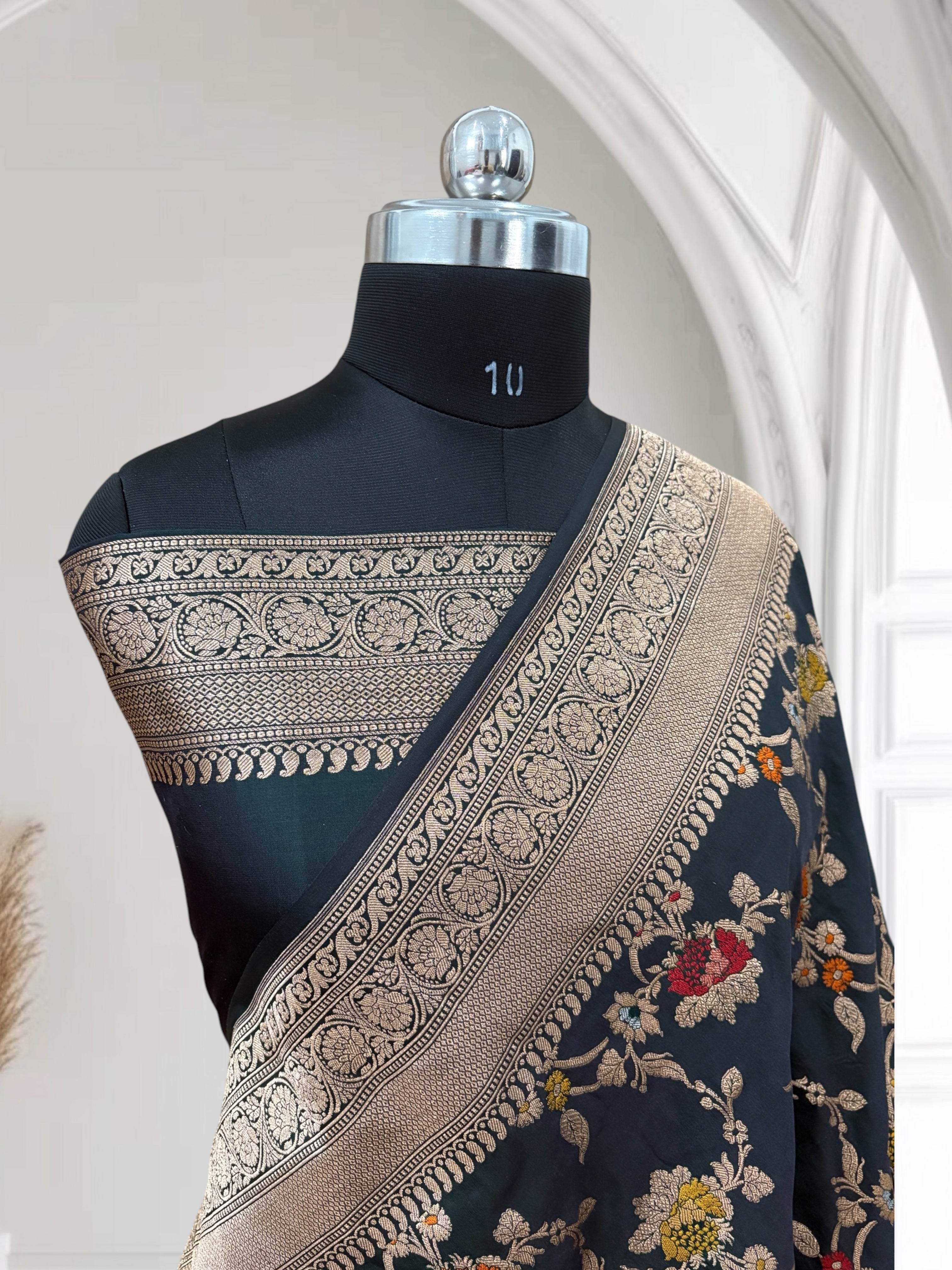 Dark Green Pure Kataan Silk Banarasi Saree with Floral Meena Jaal - Zohra Silk