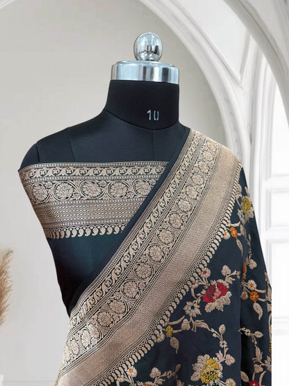 Dark Green Pure Kataan Silk Banarasi Saree with Floral Meena Jaal - Zohra Silk