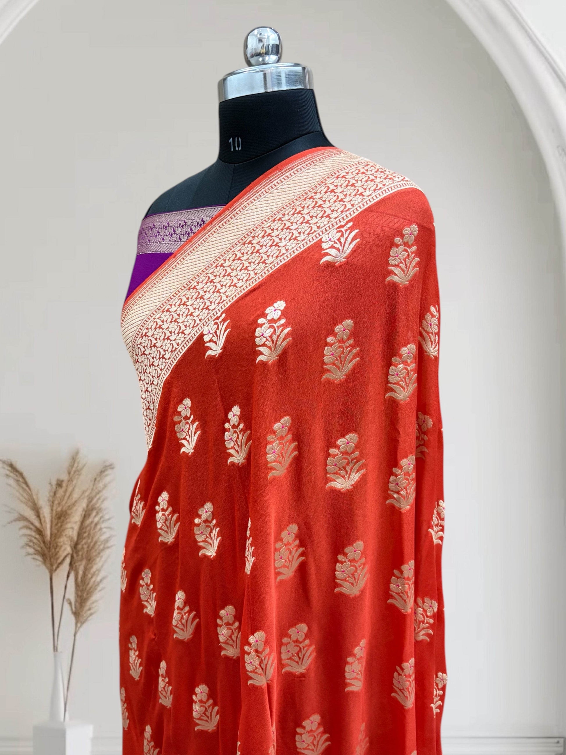 Orange & Violet Chiffon Pure Georgette Banarasi Saree - Zohra Silk