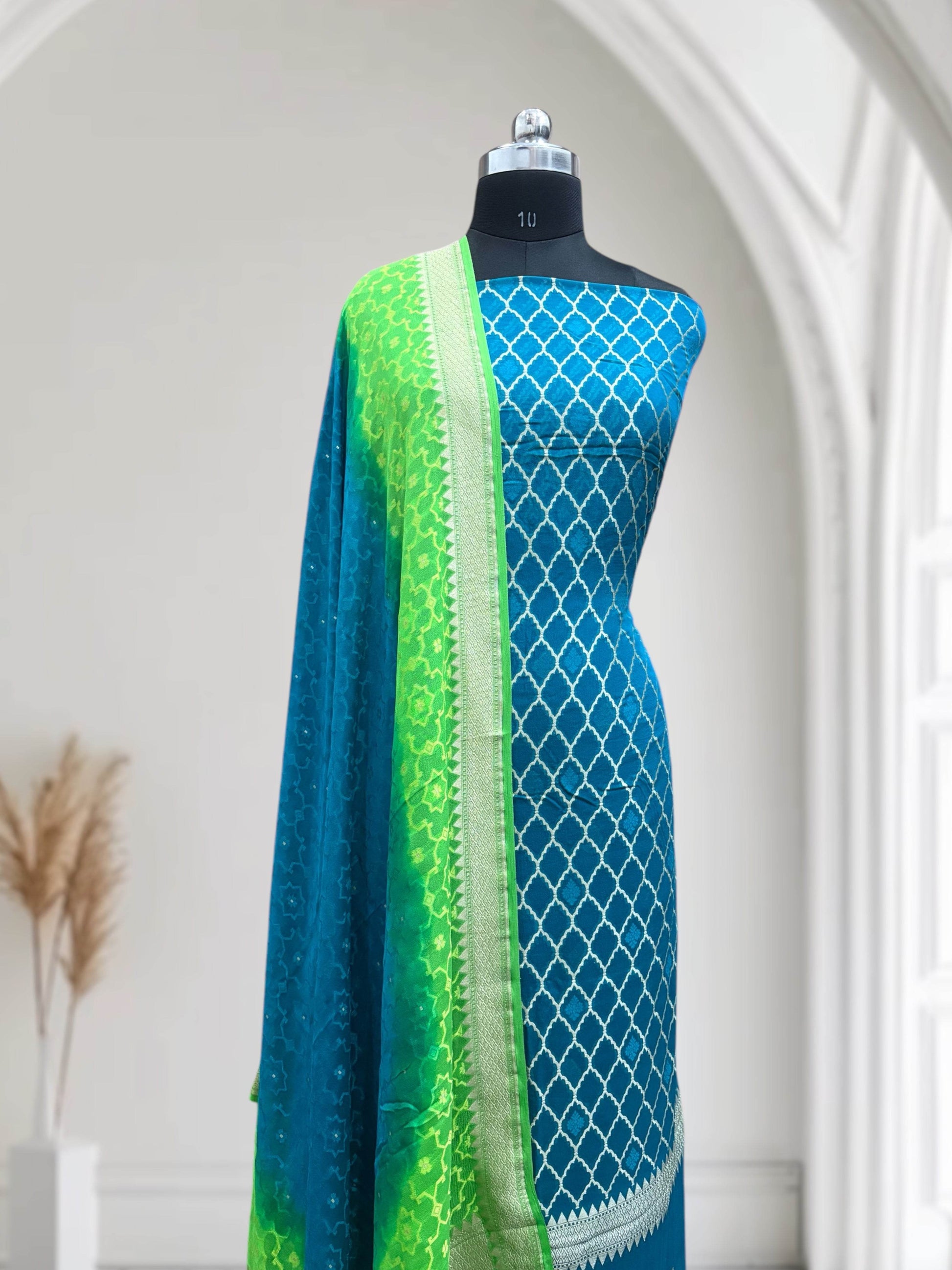 Firoza & Lime Green Pure Chiffon Georgette Banarasi Suit - Zohra Silk